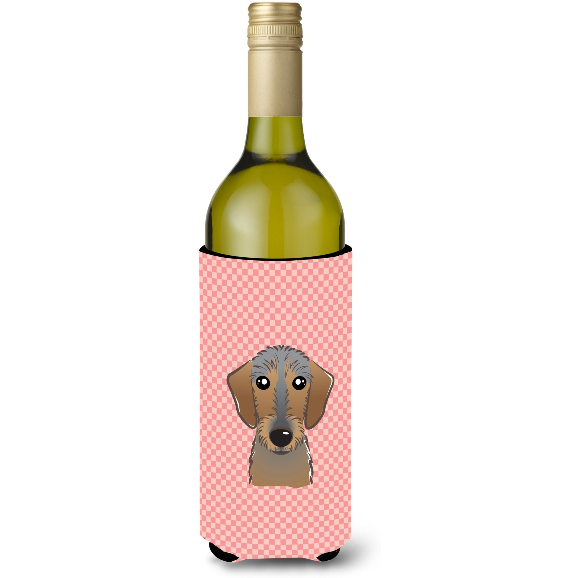Checkerboard Pink Wirehaired Dachshund Wine Bottle Beverage Insulator Hugger BB1233LITERK