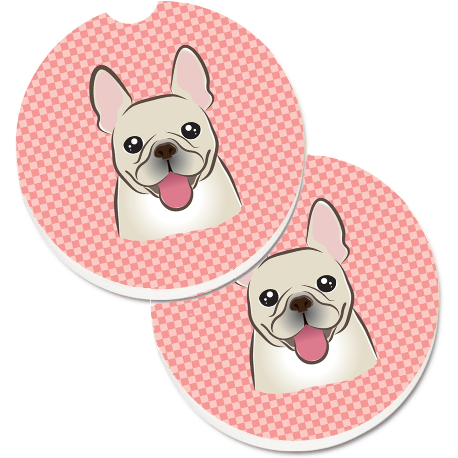 &quotCaroline's Treasures Checkerboard Pink French Bulldog Set of 2 Cup Holder Car Coasters BB1238CARC, 2.56, Multicolor"