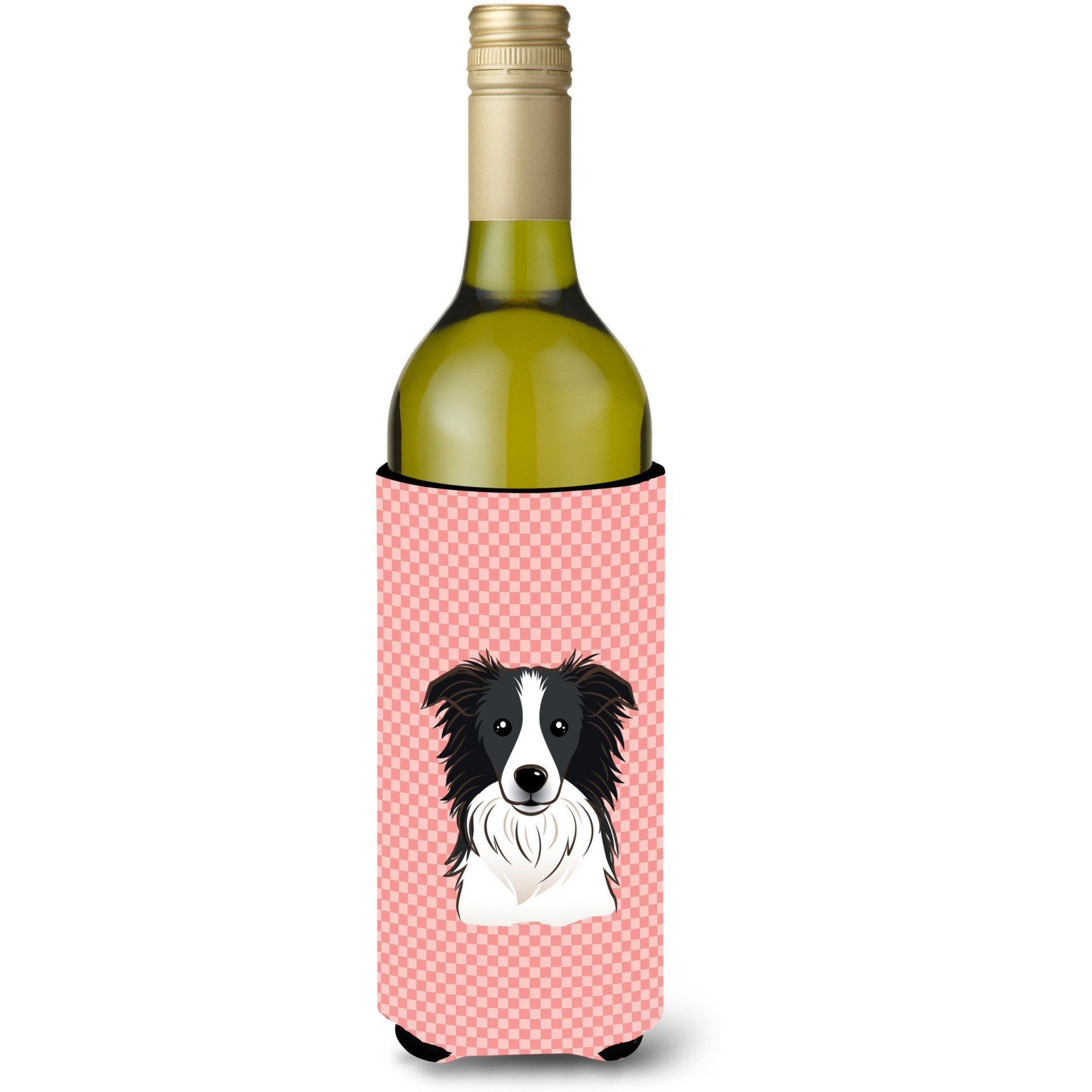 Checkerboard Pink Border Collie Wine Bottle Beverage Insulator Hugger BB1241LITERK