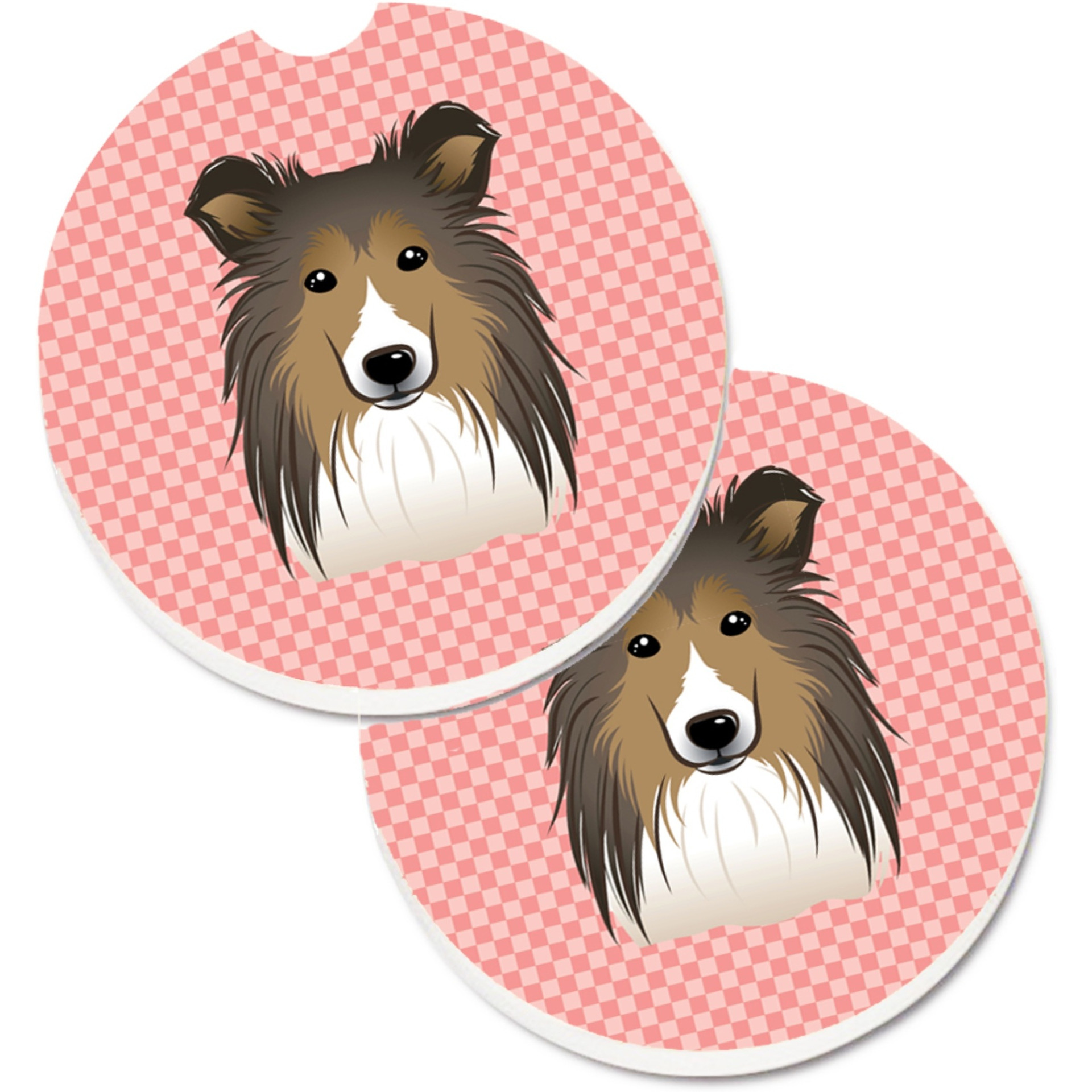 &quotCaroline's Treasures Checkerboard Pink Sheltie Set of 2 Cup Holder Car Coasters BB1242CARC, 2.56, Multicolor"