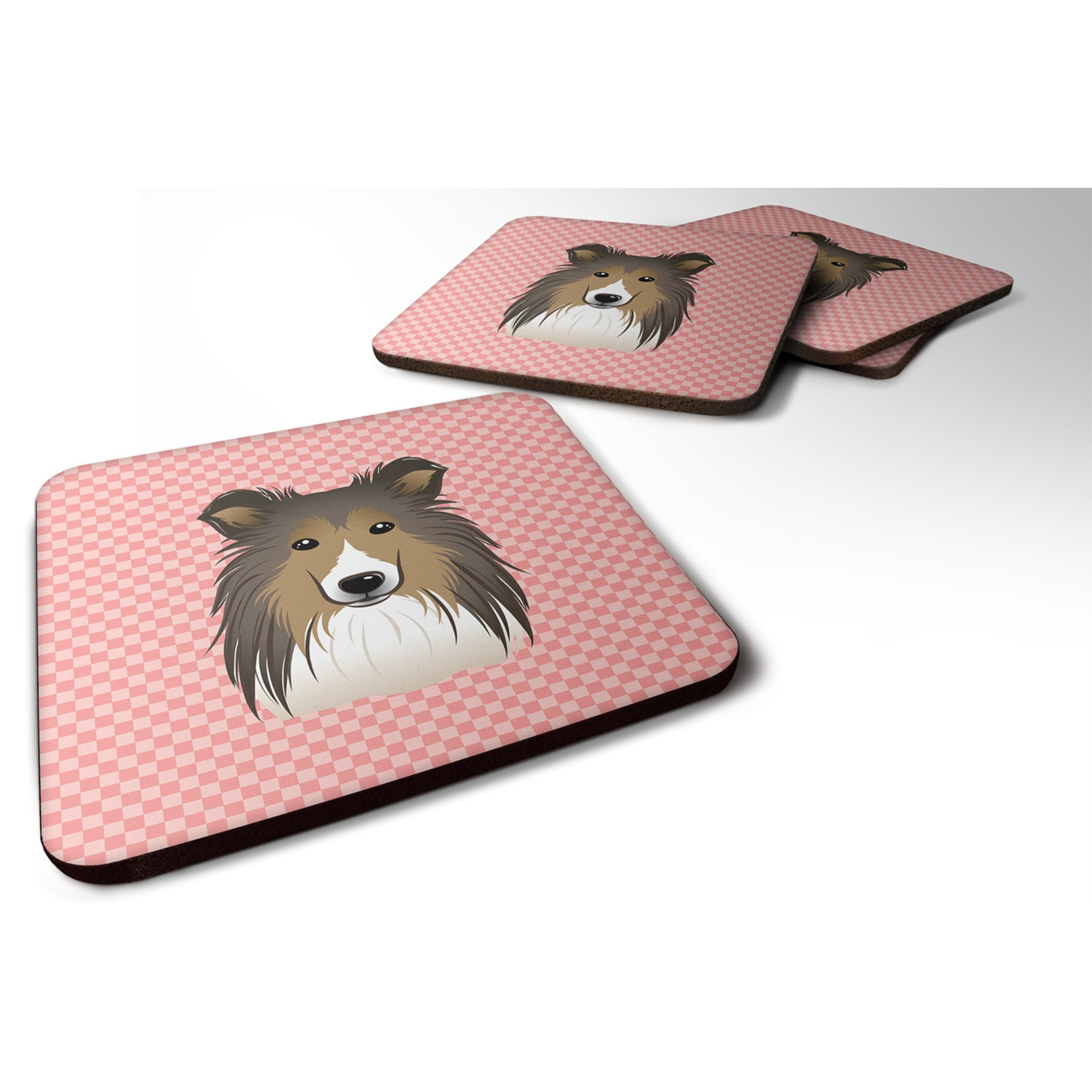 &quotCaroline's Treasures BB1242FC Checkerboard Pink Sheltie Foam Coaster (Set of 4), 3.5"" H x 3.5"" W, Multicolor"