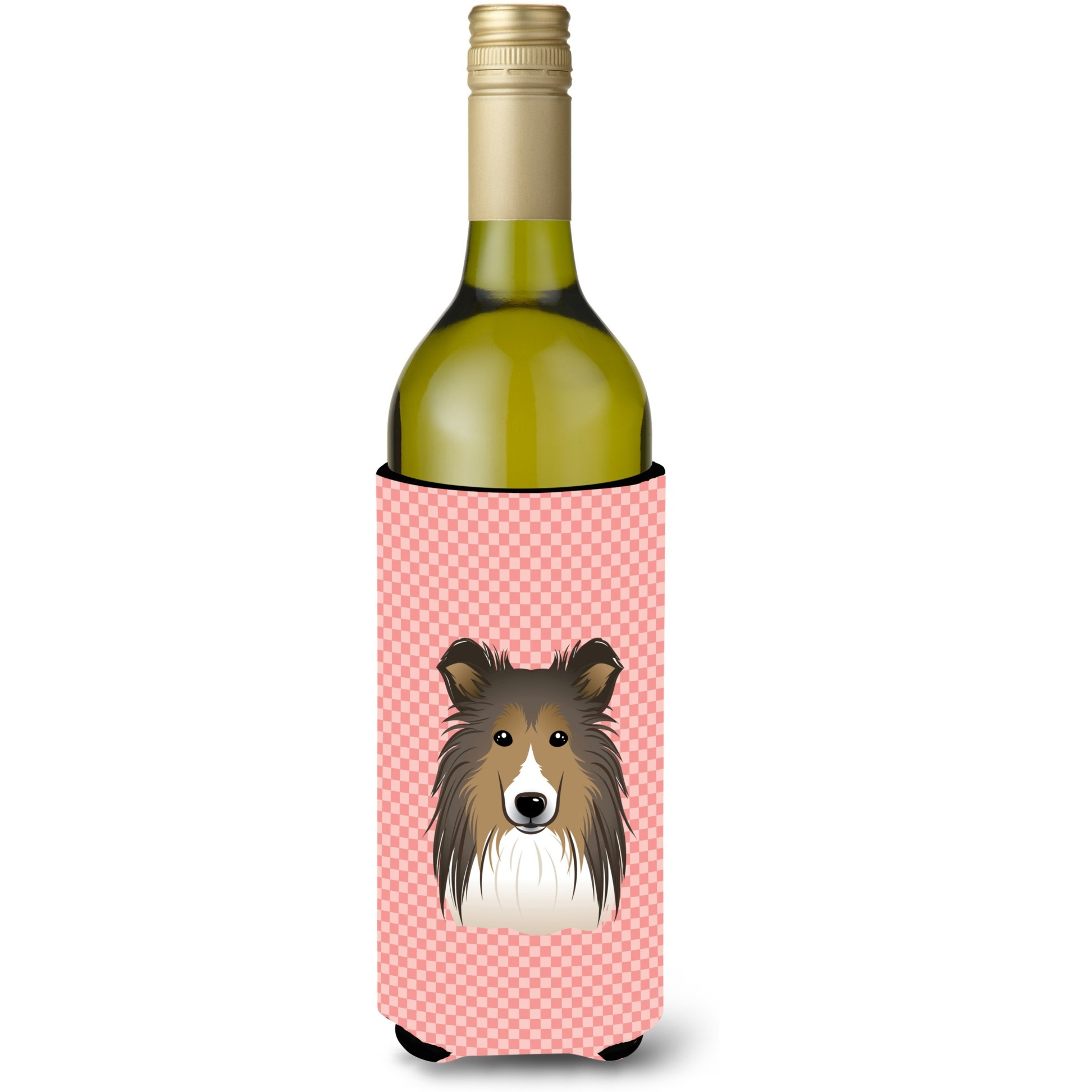 Checkerboard Pink Sheltie Wine Bottle Beverage Insulator Hugger BB1242LITERK
