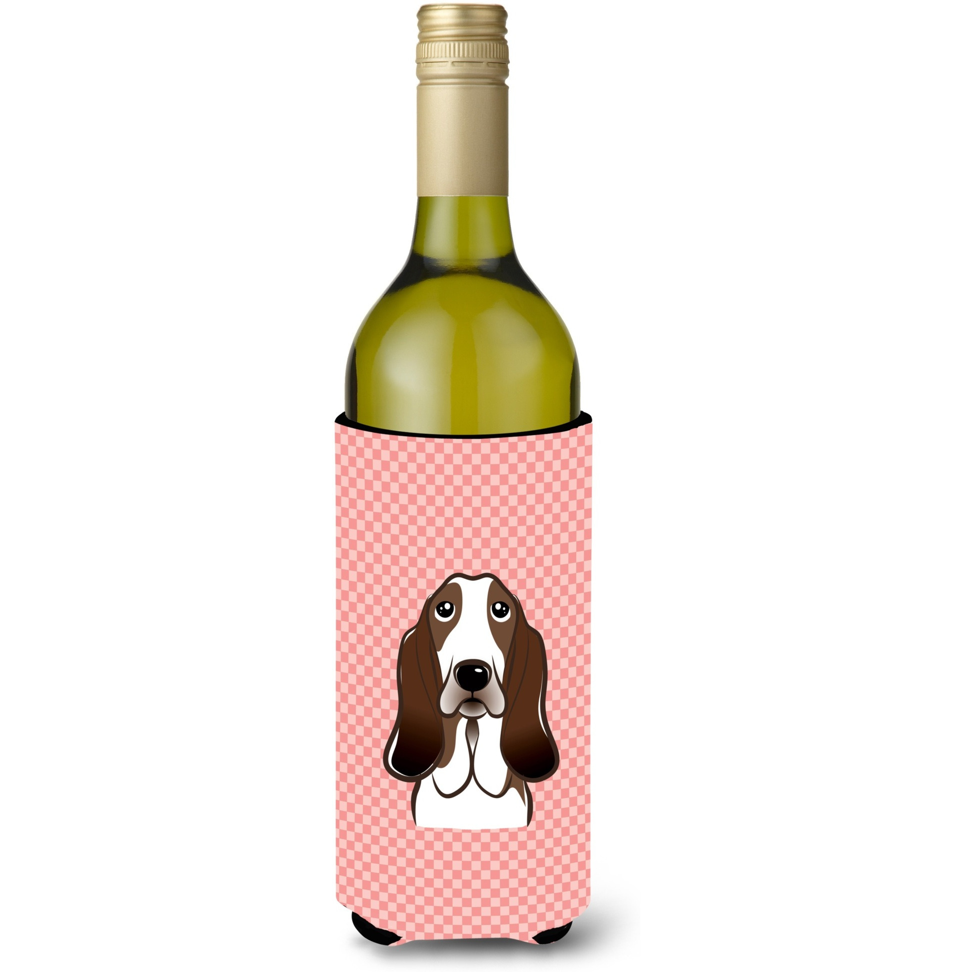 Checkerboard Pink Basset Hound Wine Bottle Beverage Insulator Hugger BB1243LITERK