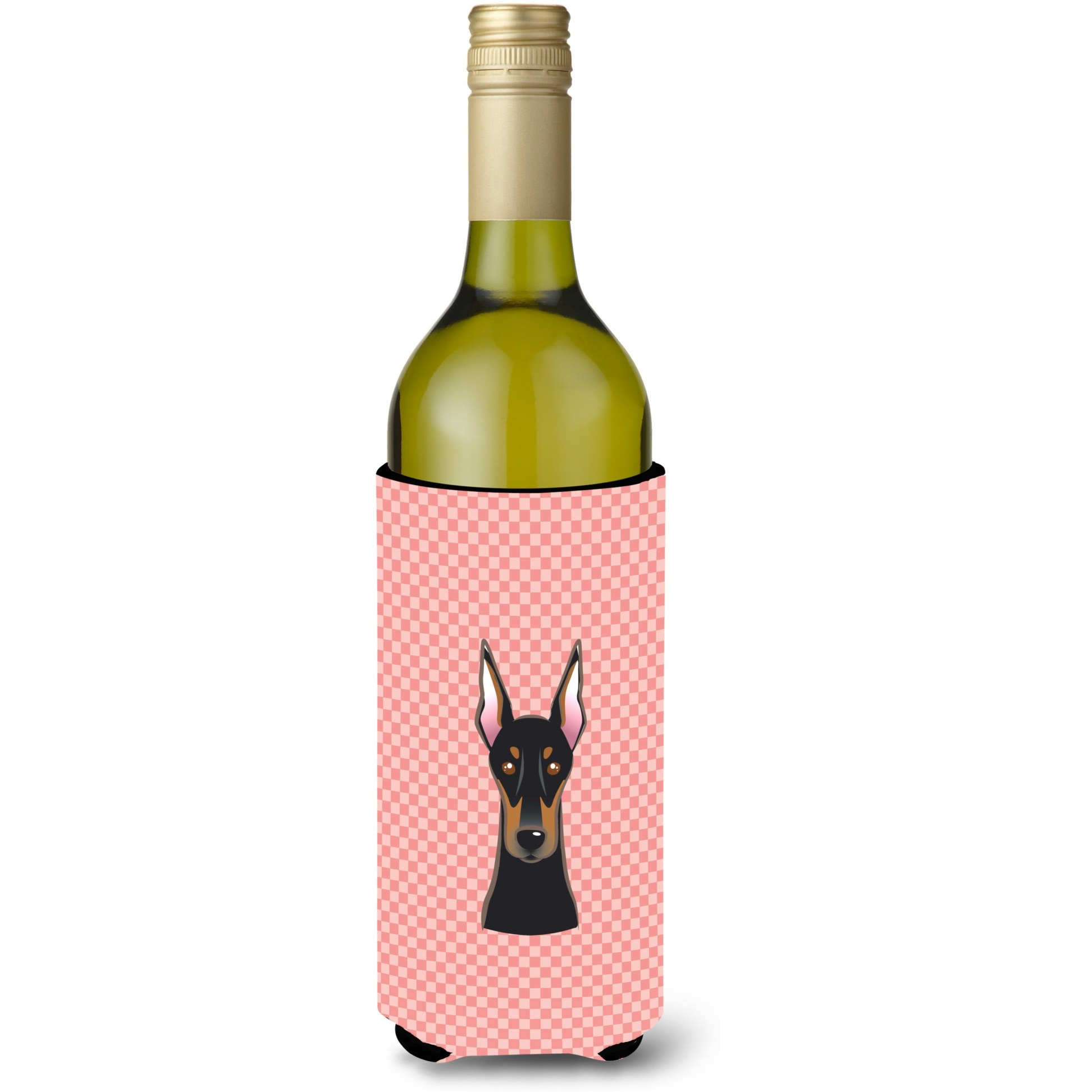 Checkerboard Pink Doberman Wine Bottle Beverage Insulator Hugger BB1245LITERK