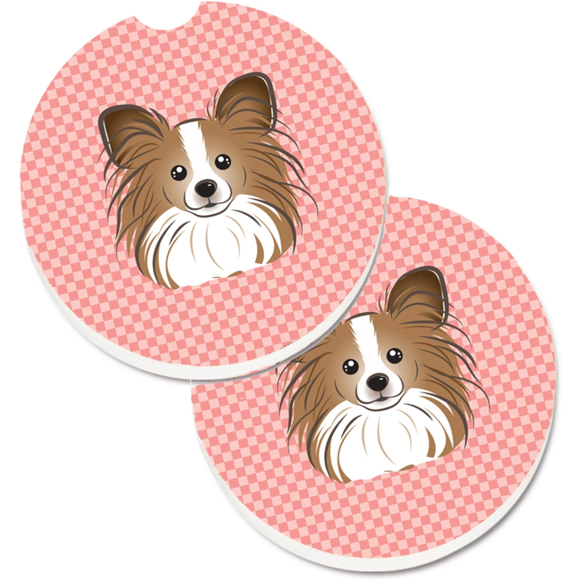 &quotCaroline's Treasures Checkerboard Pink Papillon Set of 2 Cup Holder Car Coasters BB1248CARC, 2.56, Multicolor"