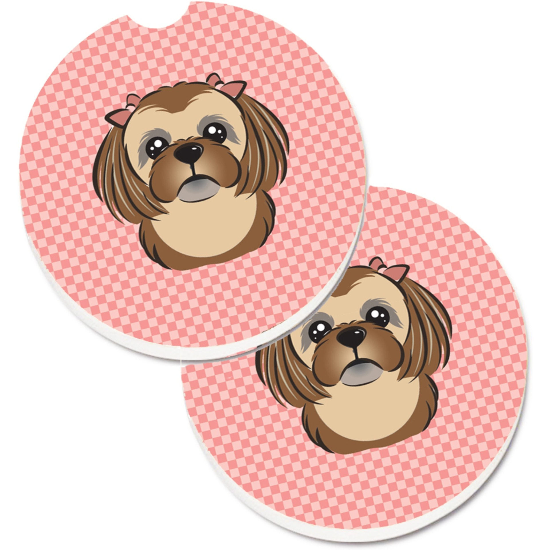&quotCaroline's Treasures Checkerboard Pink Chocolate Brown Shih Tzu Set of 2 Cup Holder Car Coasters BB1249CARC, 2.56, Multicolor"
