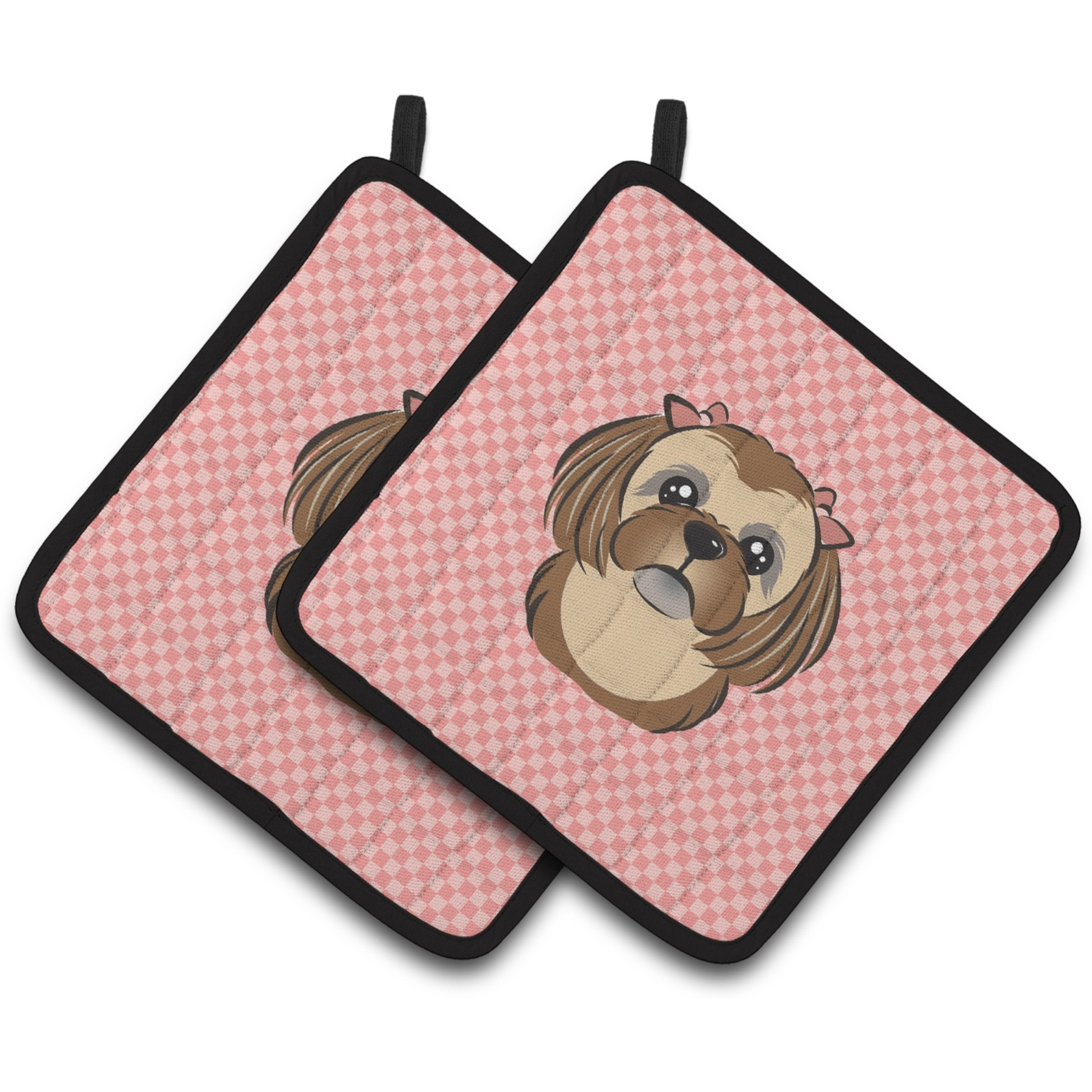 &quotCaroline's Treasures Checkerboard Pink Chocolate Brown Shih Tzu Pair of Pot Holders BB1249PTHD, 7.5HX7.5W, Multicolor"