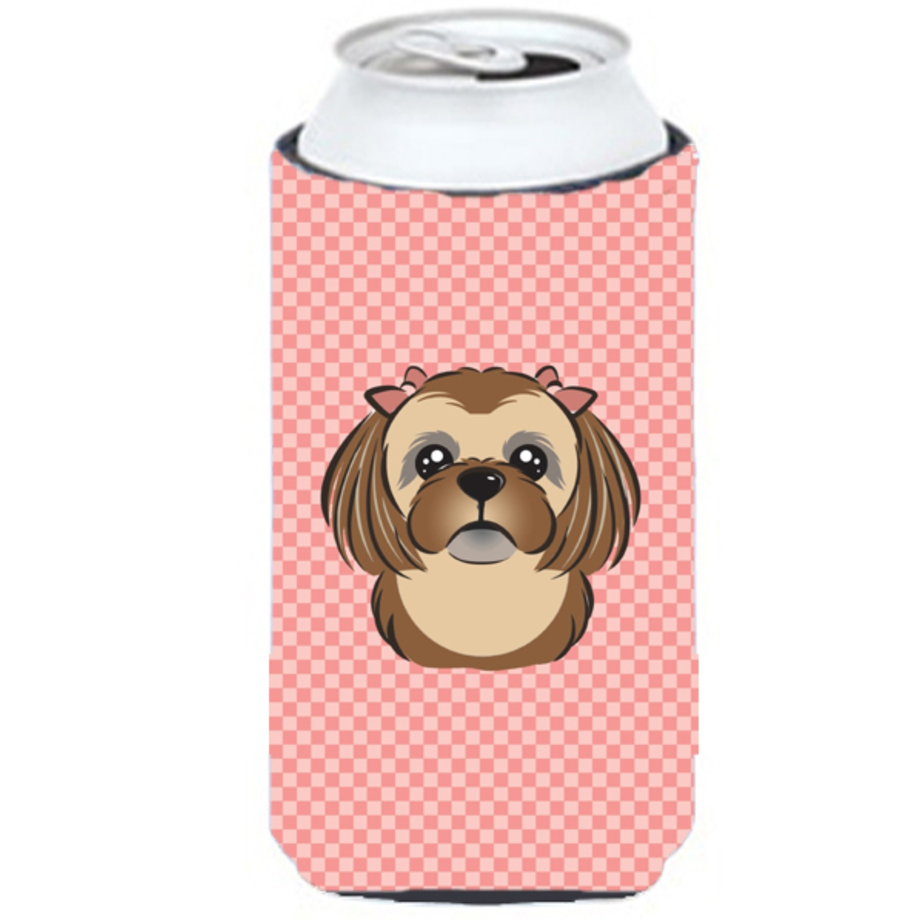 Checkerboard Pink Chocolate Brown Shih Tzu Tall Boy Beverage Insulator Hugger BB1249TBC