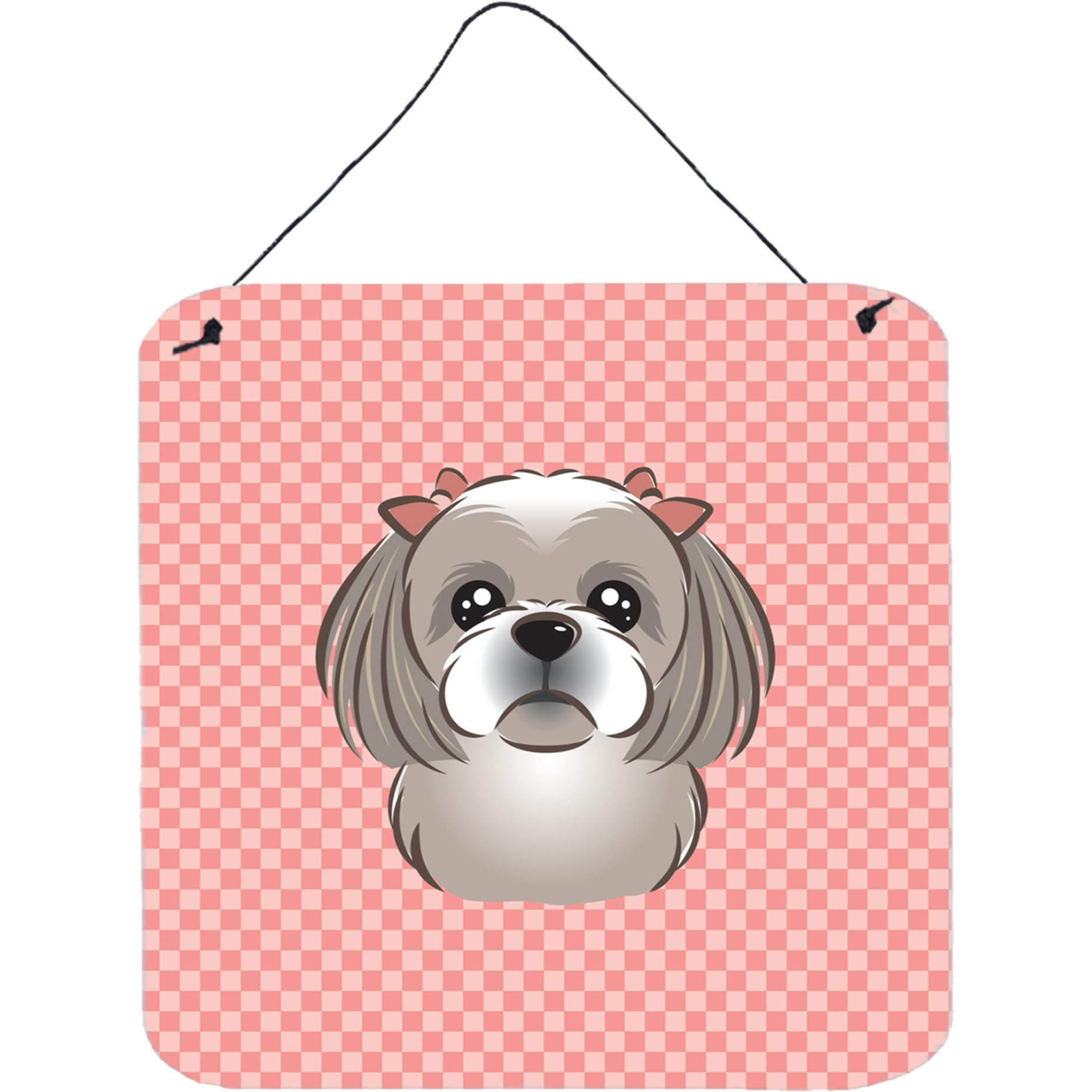 &quotCaroline's Treasures Checkerboard Pink Gray Silver Shih Tzu Wall or Door Hanging Prints, 6 x 6"""