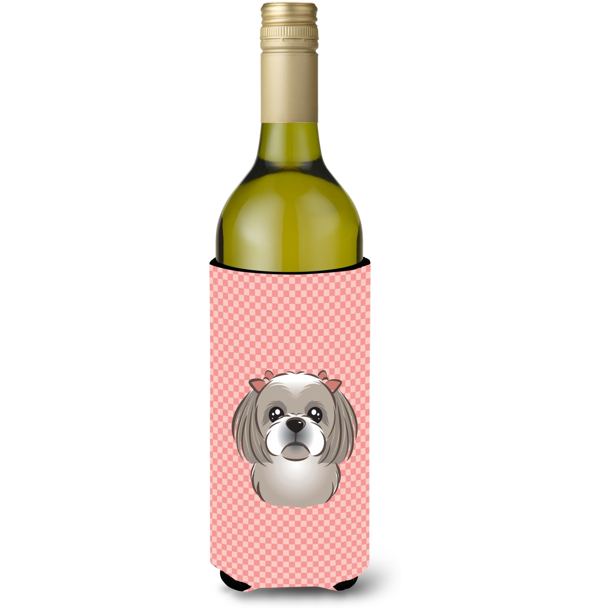 Checkerboard Pink Gray Silver Shih Tzu Wine Bottle Beverage Insulator Hugger BB1250LITERK