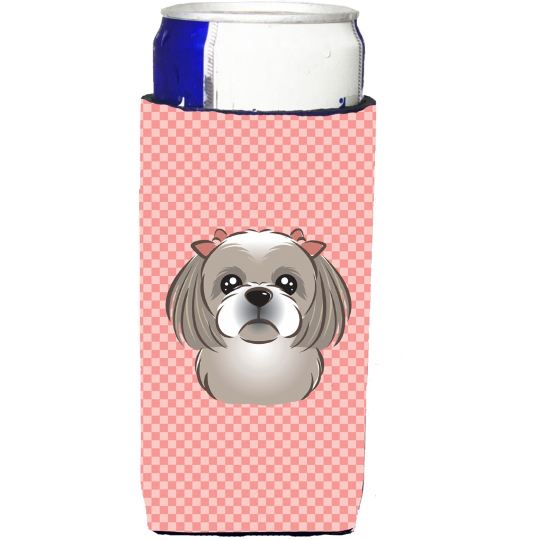 Checkerboard Pink Gray Silver Shih Tzu Ultra Beverage Insulators for slim cans