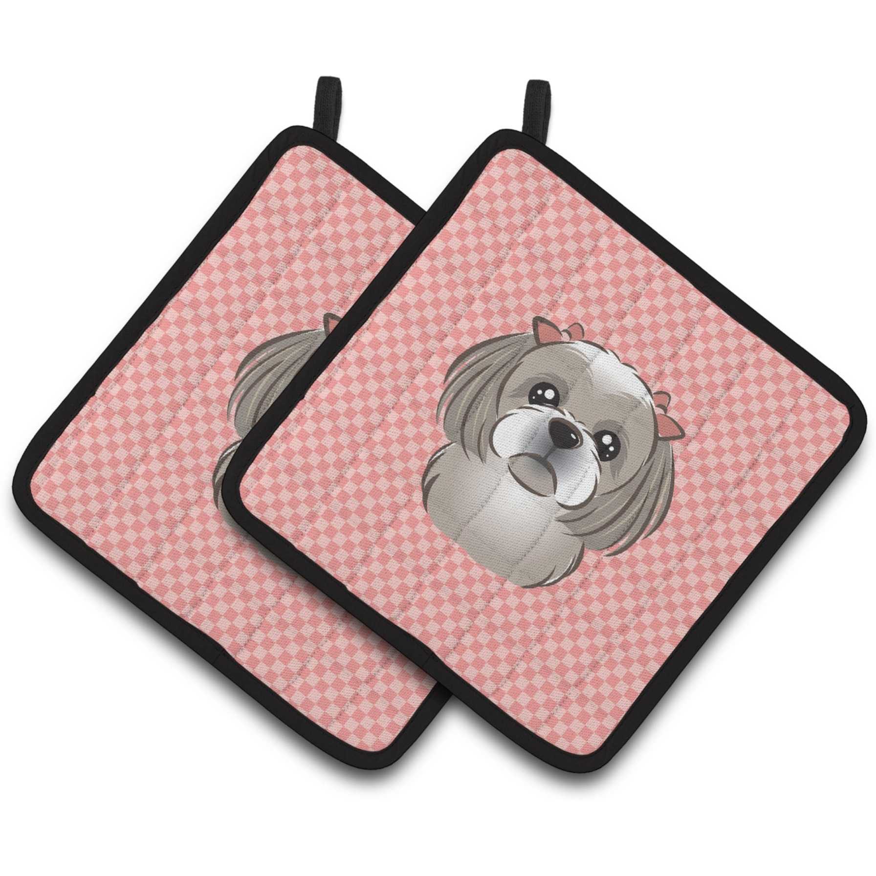 &quotCaroline's Treasures Checkerboard Pink Gray Silver Shih Tzu Pair of Pot Holders BB1250PTHD, 7.5HX7.5W, Multicolor"