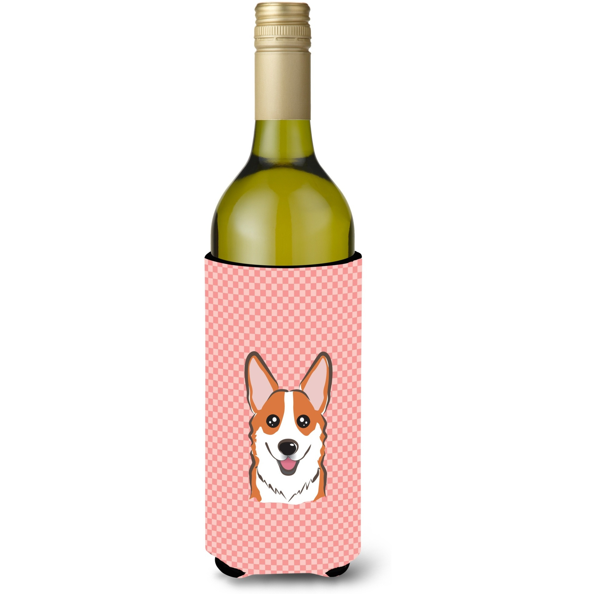 Checkerboard Pink Corgi Wine Bottle Beverage Insulator Hugger BB1254LITERK
