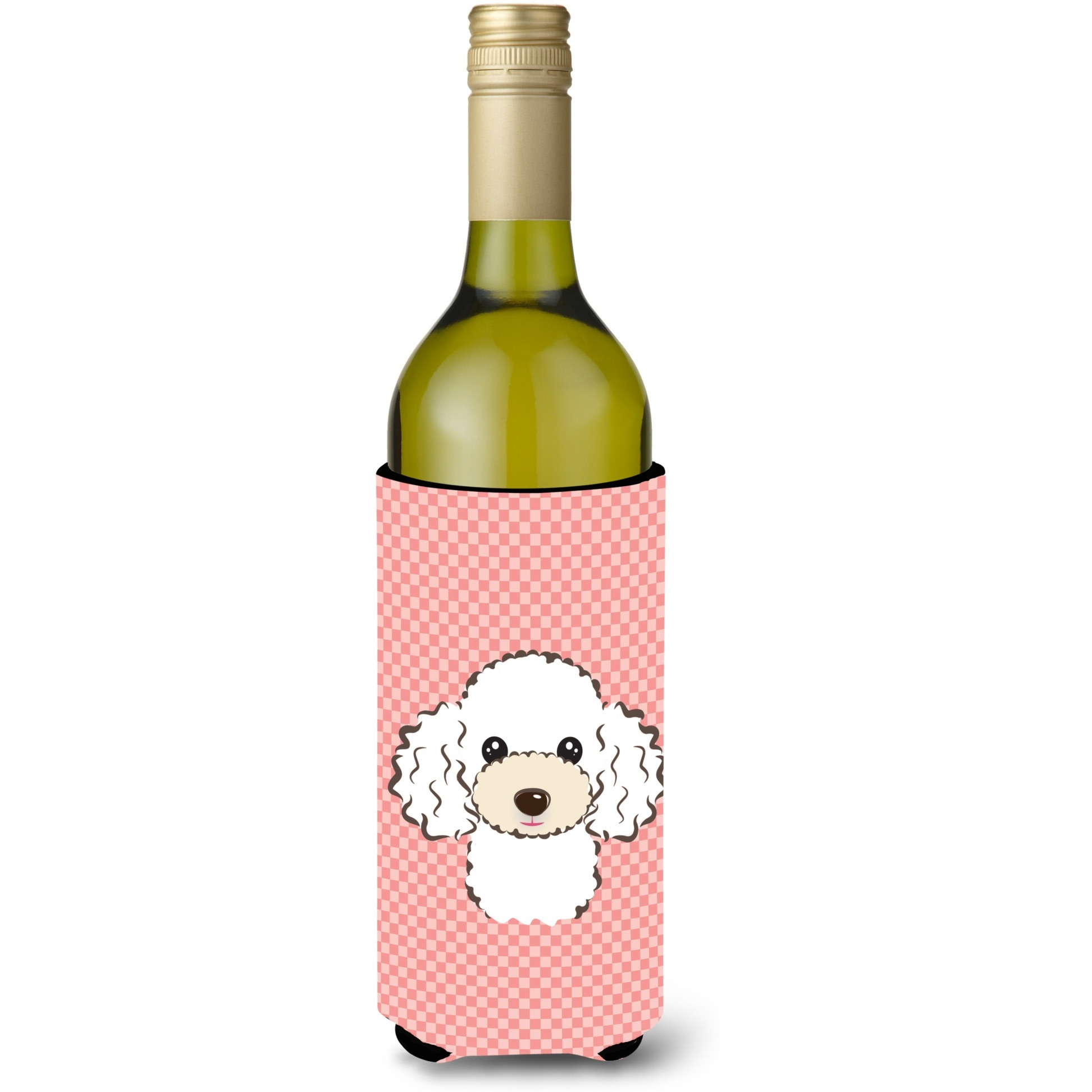 Checkerboard Pink White Poodle Wine Bottle Beverage Insulator Hugger BB1257LITERK