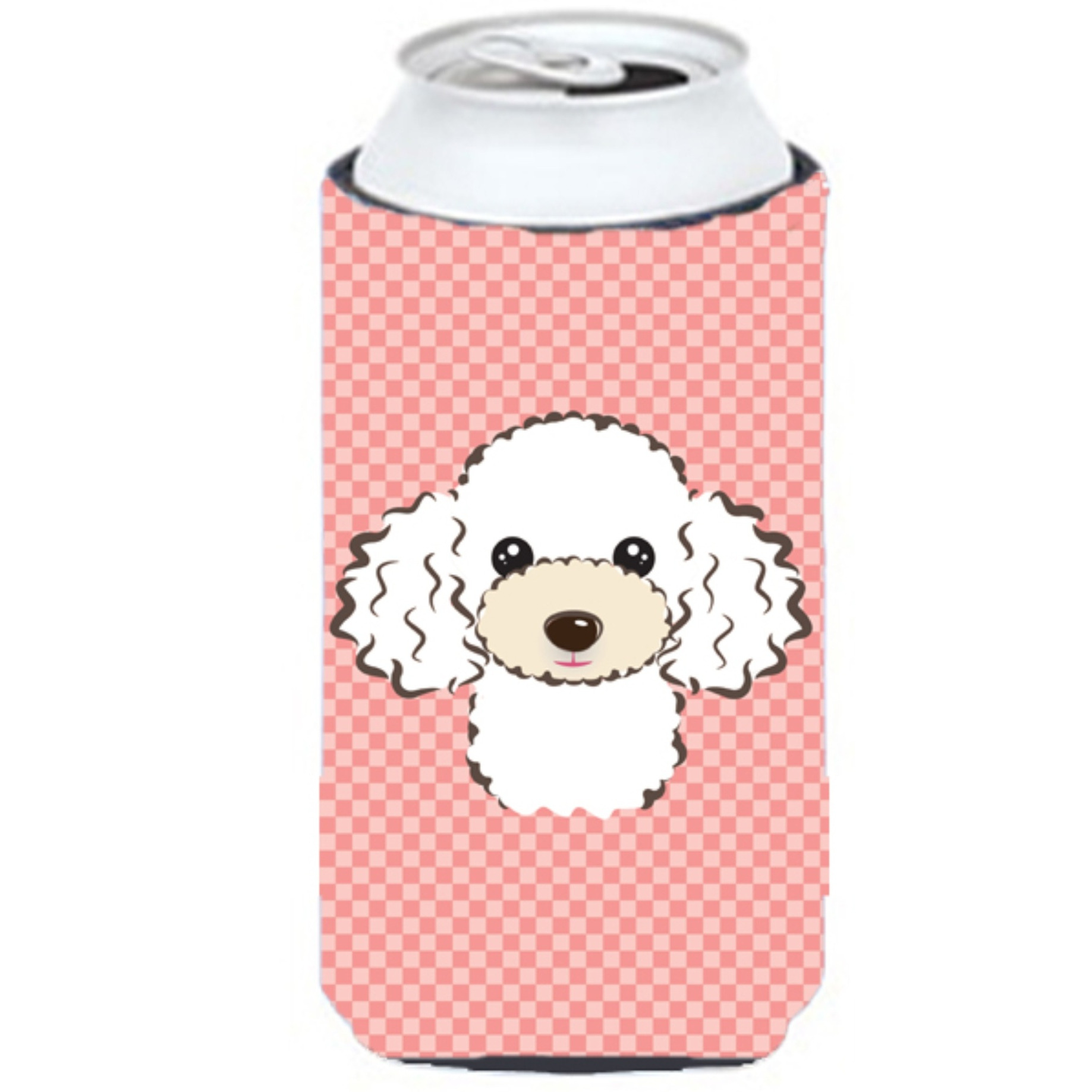 Checkerboard Pink White Poodle Tall Boy Beverage Insulator Hugger BB1257TBC