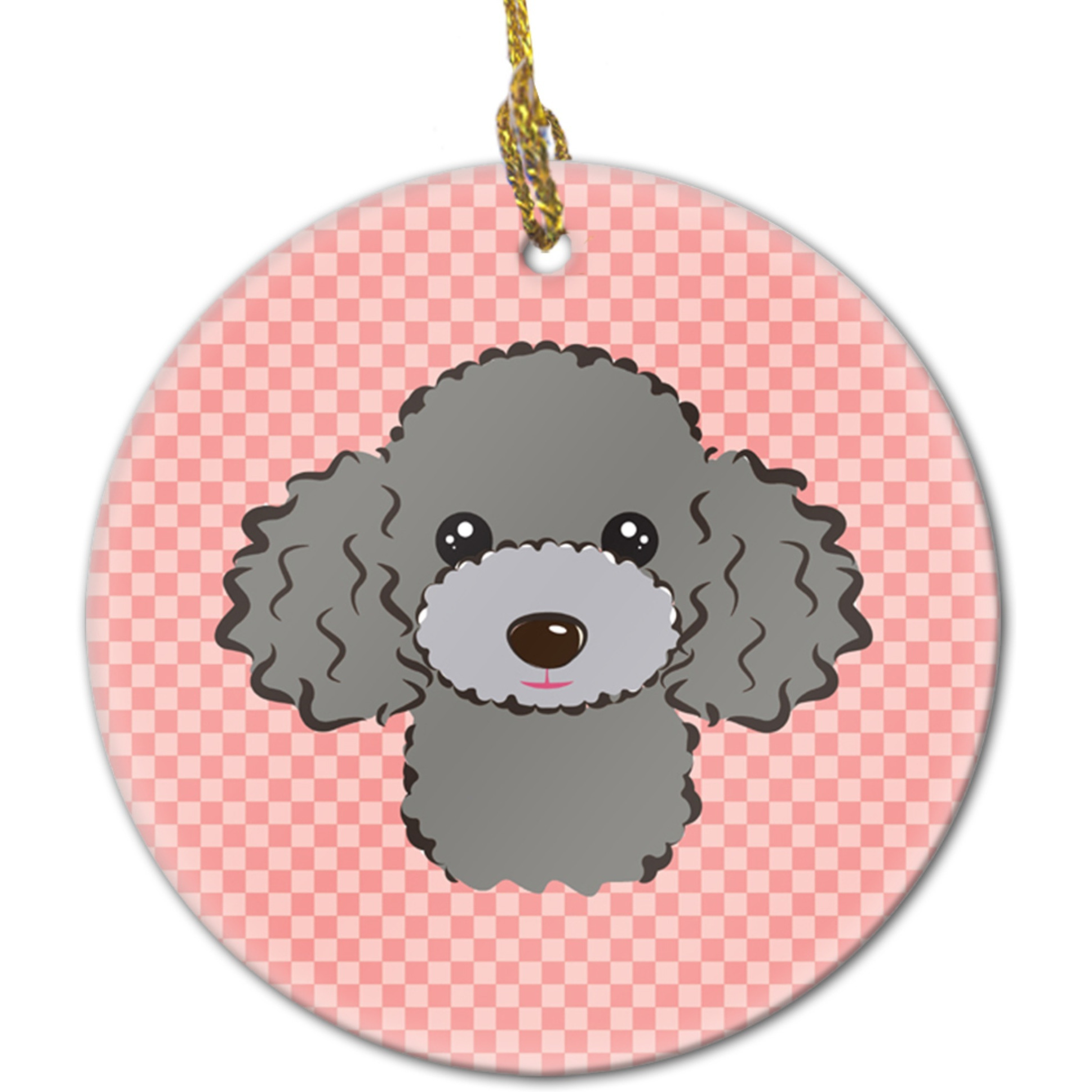 Checkerboard Pink Silver Gray Poodle Ceramic Ornament BB1259CO1