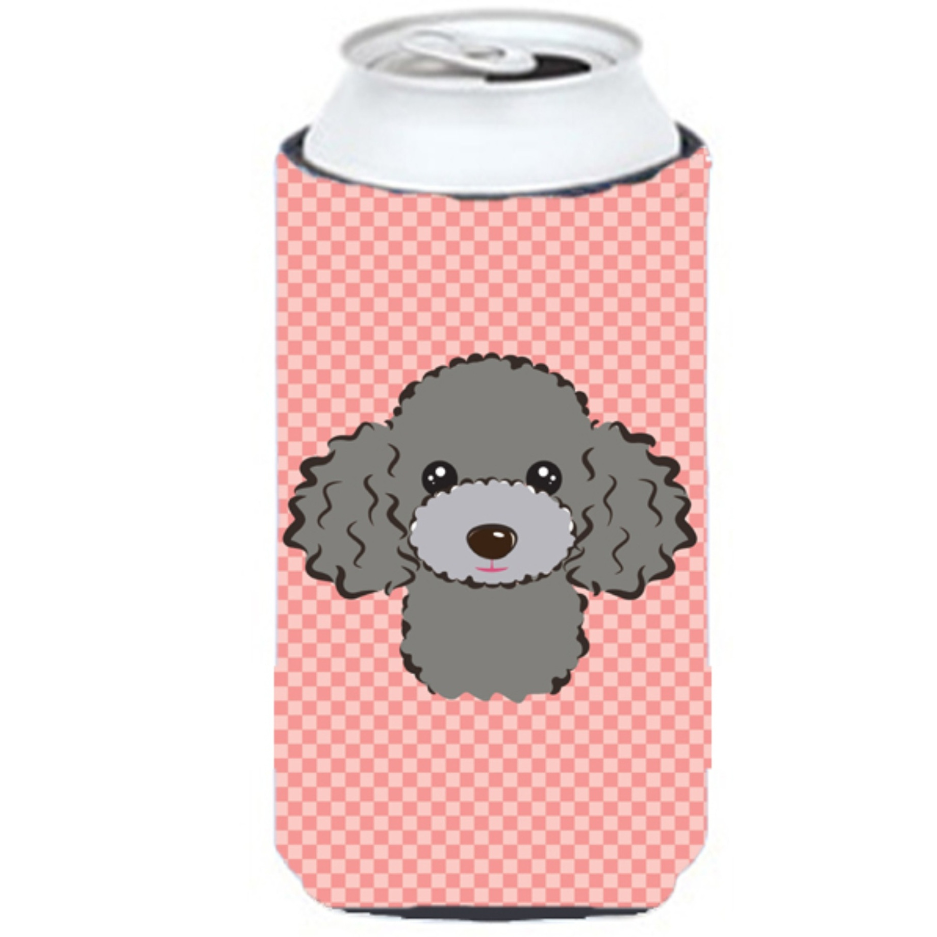 Checkerboard Pink Silver Gray Poodle Tall Boy Beverage Insulator Hugger BB1259TBC