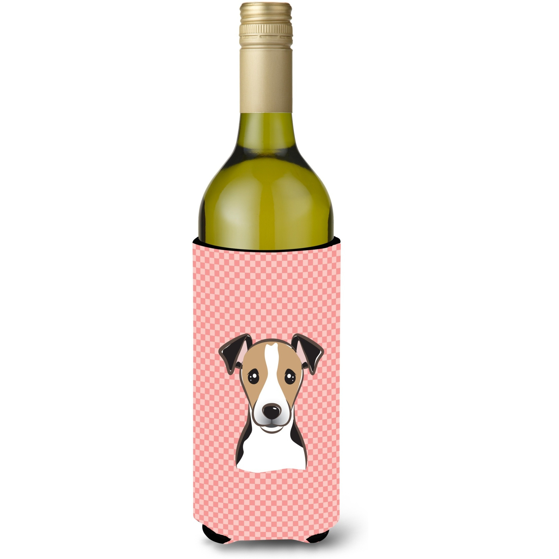 Checkerboard Pink Jack Russell Terrier Wine Bottle Beverage Insulator Hugger BB1261LITERK