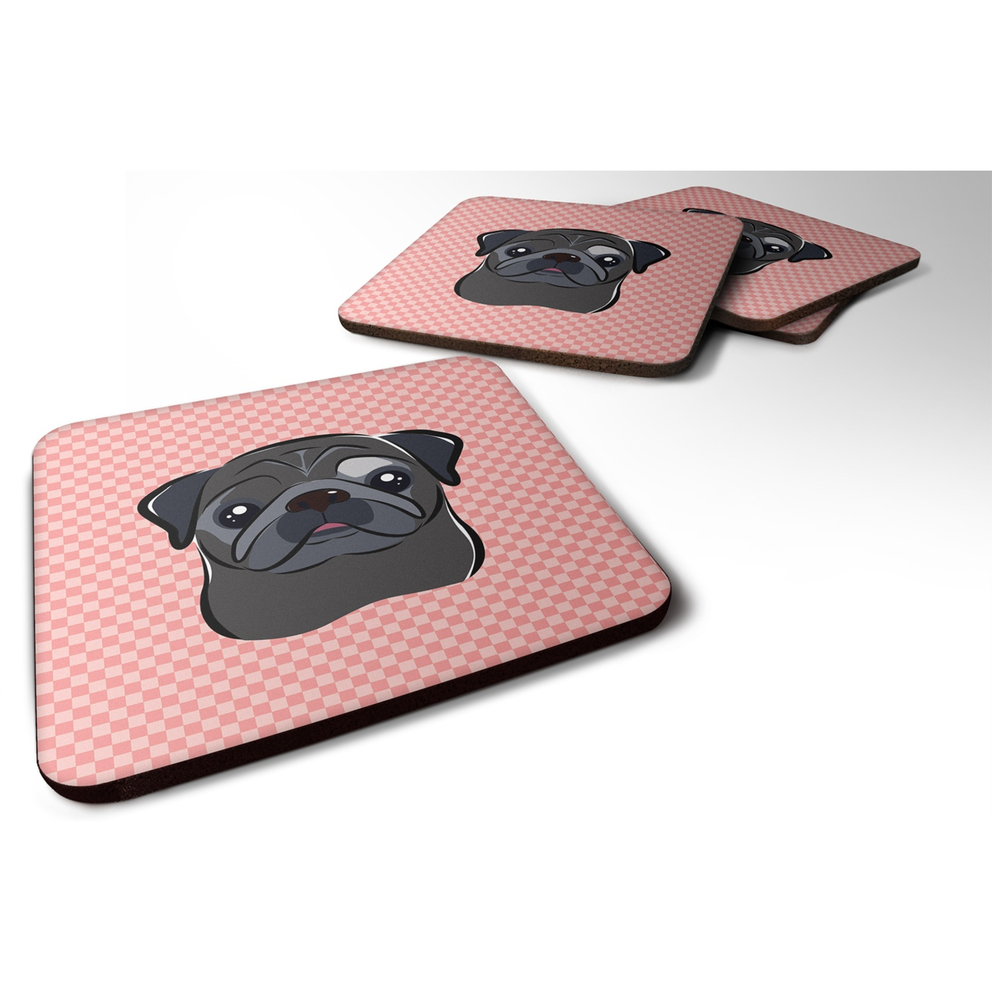 &quotCaroline's Treasures BB1263FC Checkerboard Pink Black Pug Foam Coaster (Set of 4), 3.5"" H x 3.5"" W, Multicolor"