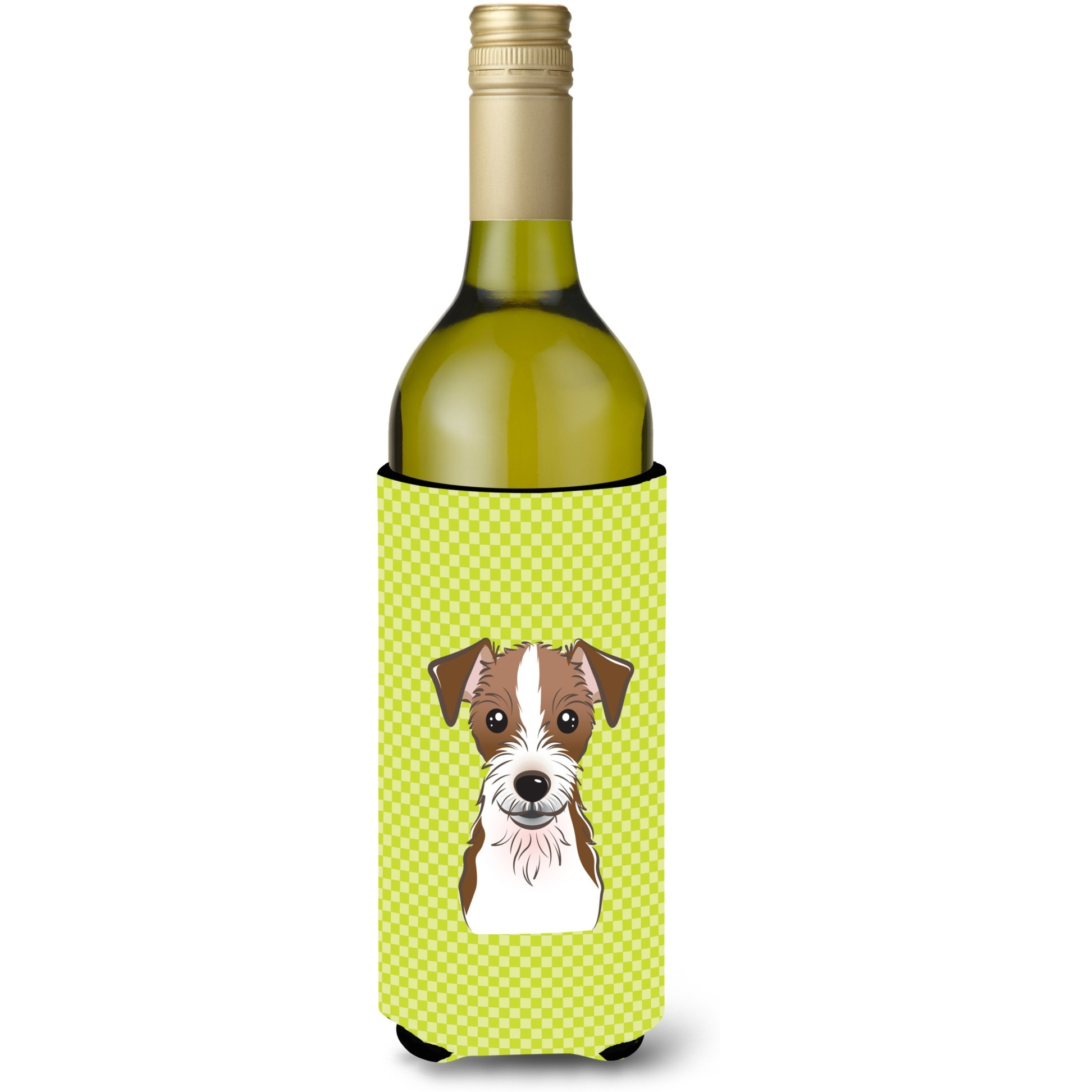 Checkerboard Lime Green Jack Russell Terrier Wine Bottle Beverage Insulator Hugger