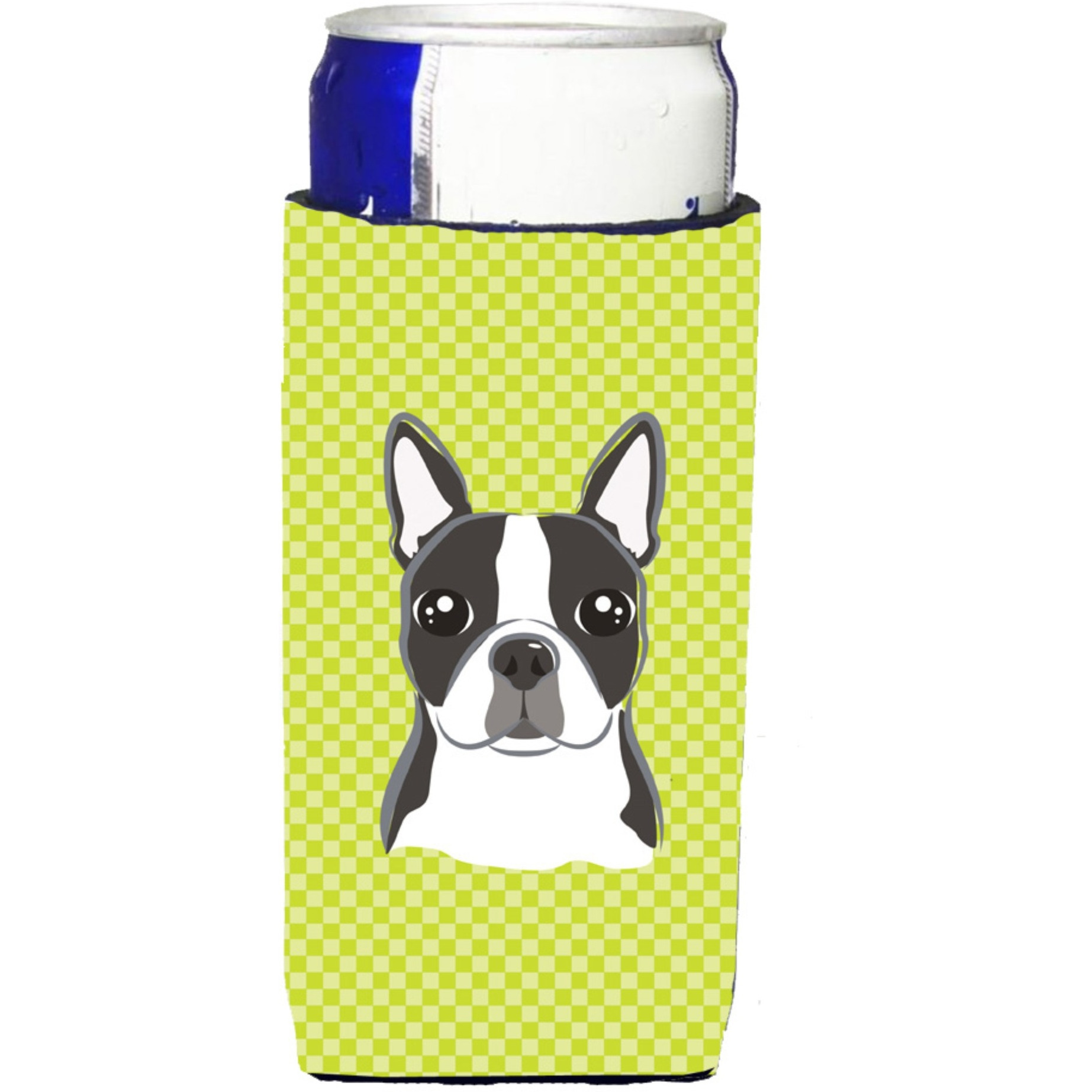 Checkerboard Lime Green Boston Terrier Ultra Beverage Insulators for slim cans