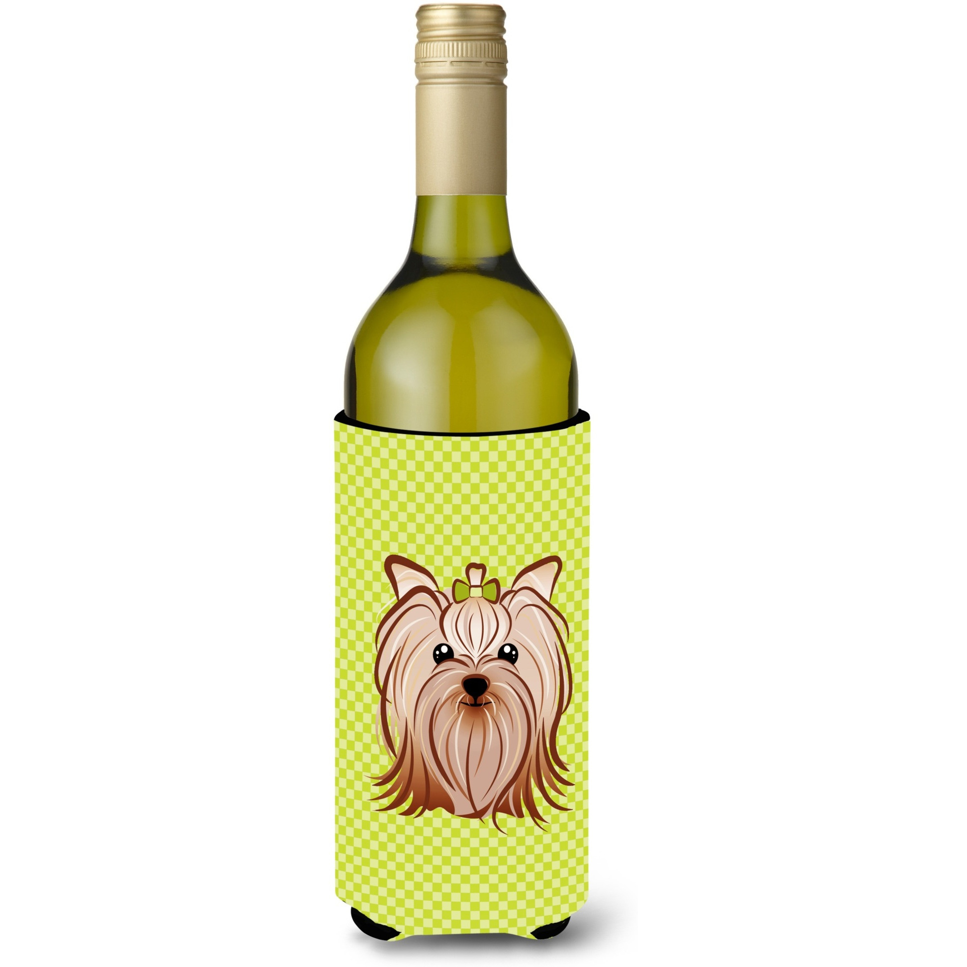 Checkerboard Lime Green Yorkie Yorkishire Terrier Wine Bottle Beverage Insulator Hugger