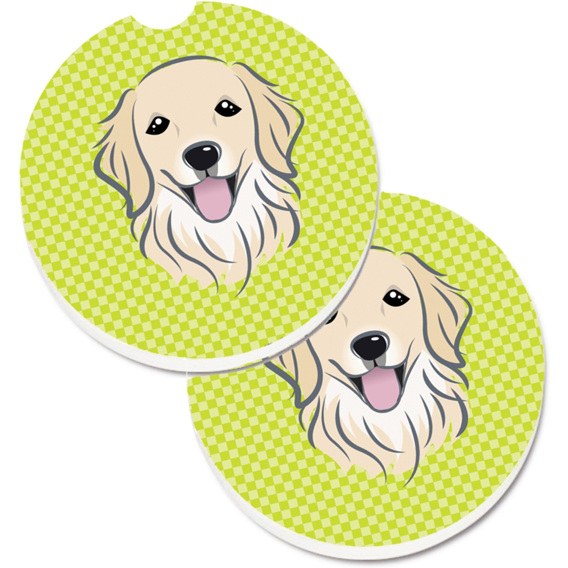 &quotCaroline's Treasures Checkerboard Lime green Golden Retriever Set of 2 Cup Holder Car Coasters BB1267CARC, 2.56, Multicolor"