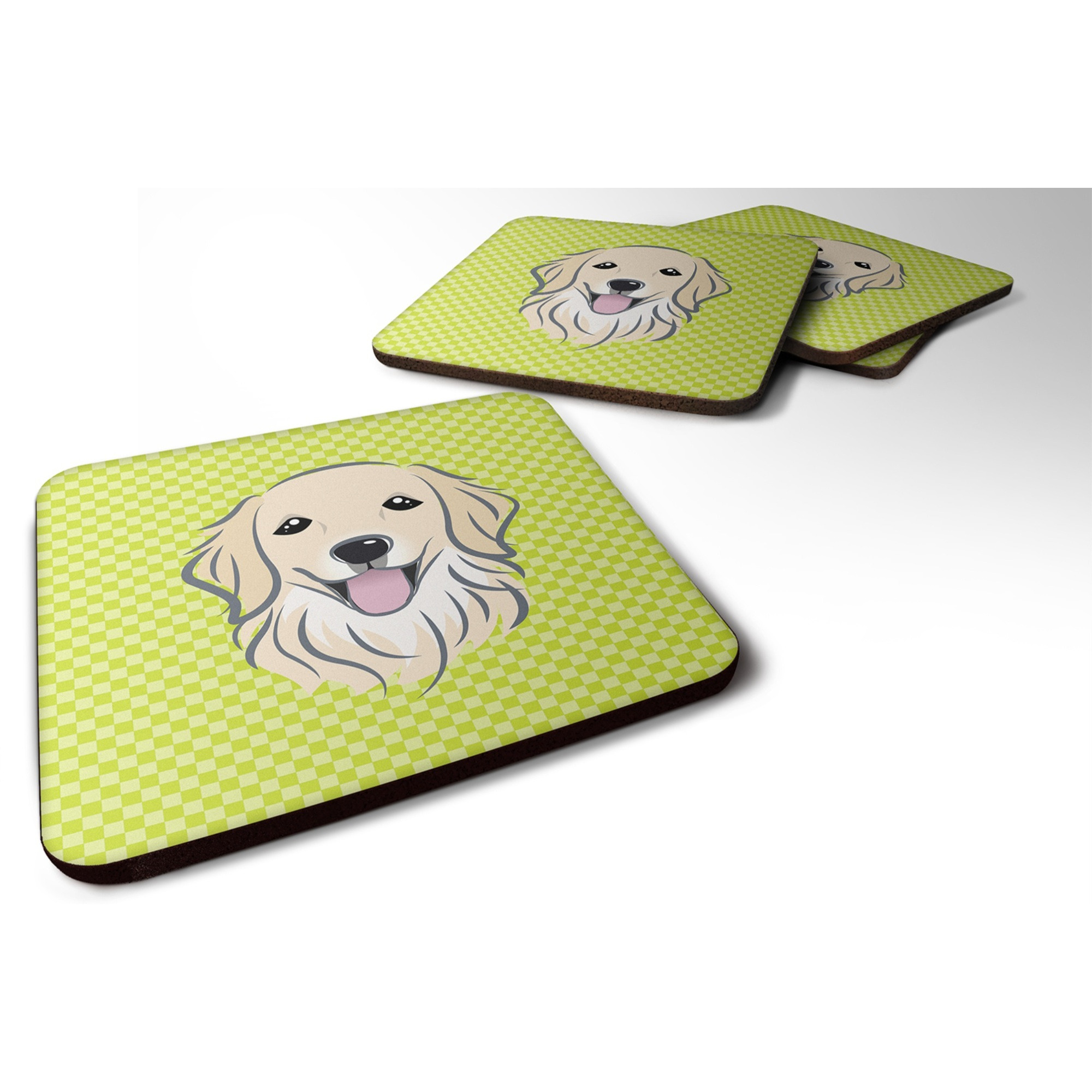 &quotCaroline's Treasures BB1267FC Checkerboard Lime Green Golden Retriever Foam Coaster (Set of 4), 3.5"" H x 3.5"" W, Multicolor"