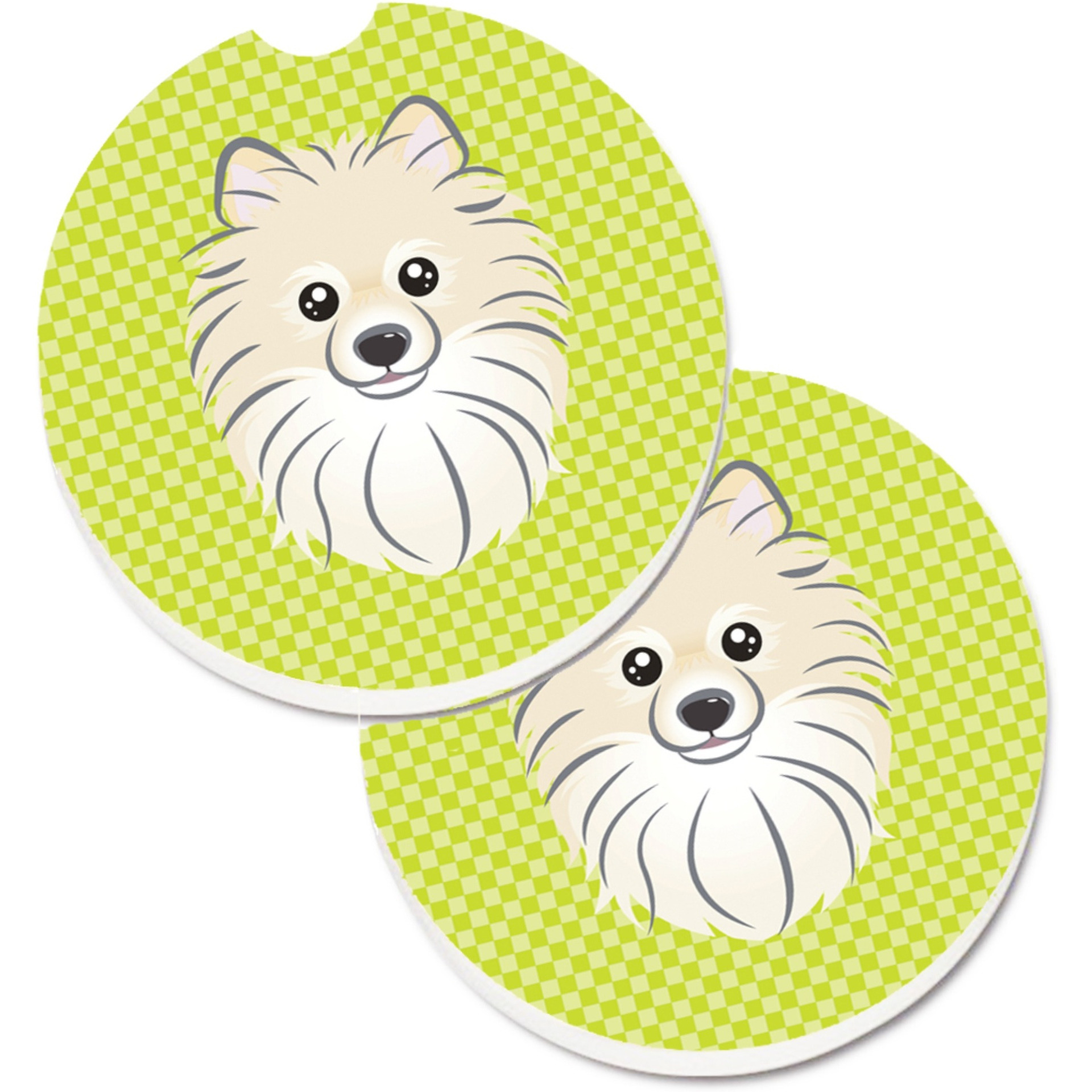 &quotCaroline's Treasures Checkerboard Lime green Pomeranian Set of 2 Cup Holder Car Coasters BB1269CARC, 2.56, Multicolor"