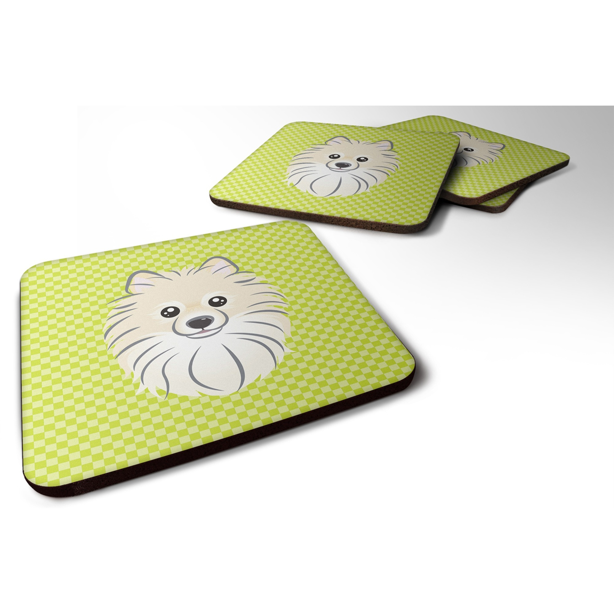 &quotCaroline's Treasures BB1269FC Checkerboard Lime Green Pomeranian Foam Coaster (Set of 4), 3.5"" H x 3.5"" W, Multicolor"