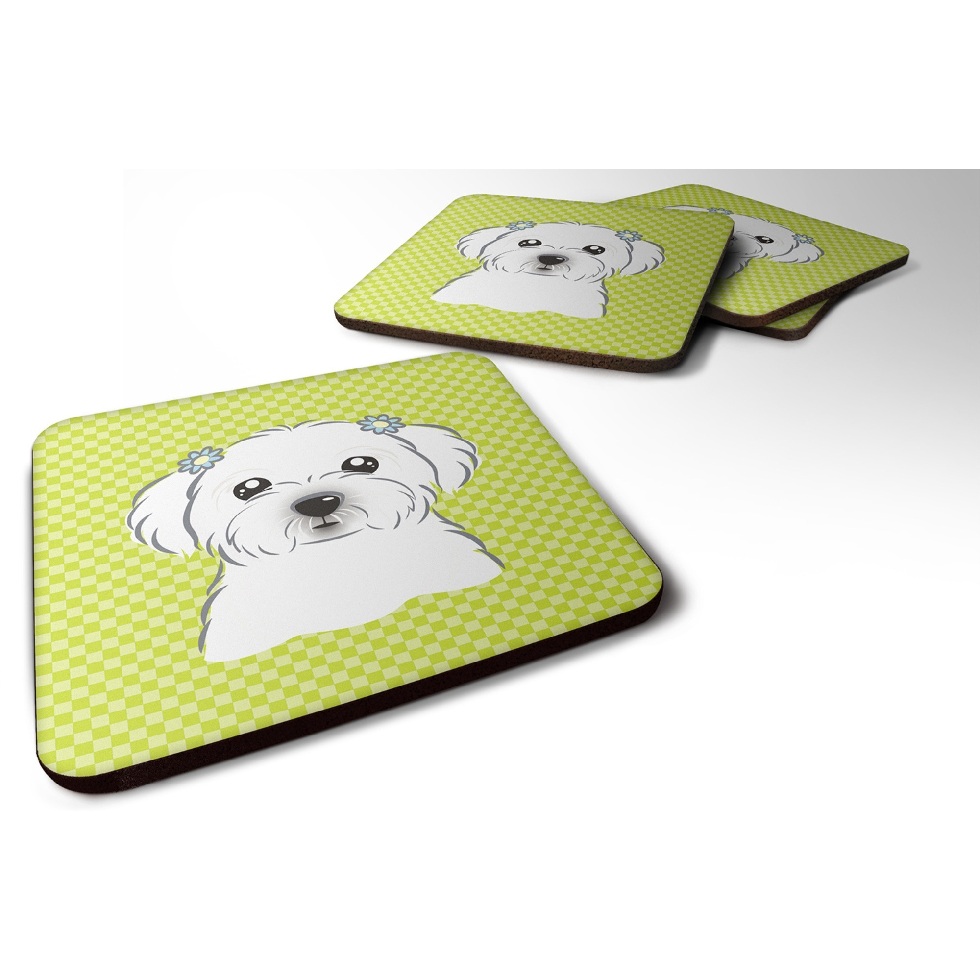 &quotCaroline's Treasures BB1270FC Checkerboard Lime Green Maltese Foam Coaster (Set of 4), 3.5"" H x 3.5"" W, Multicolor"