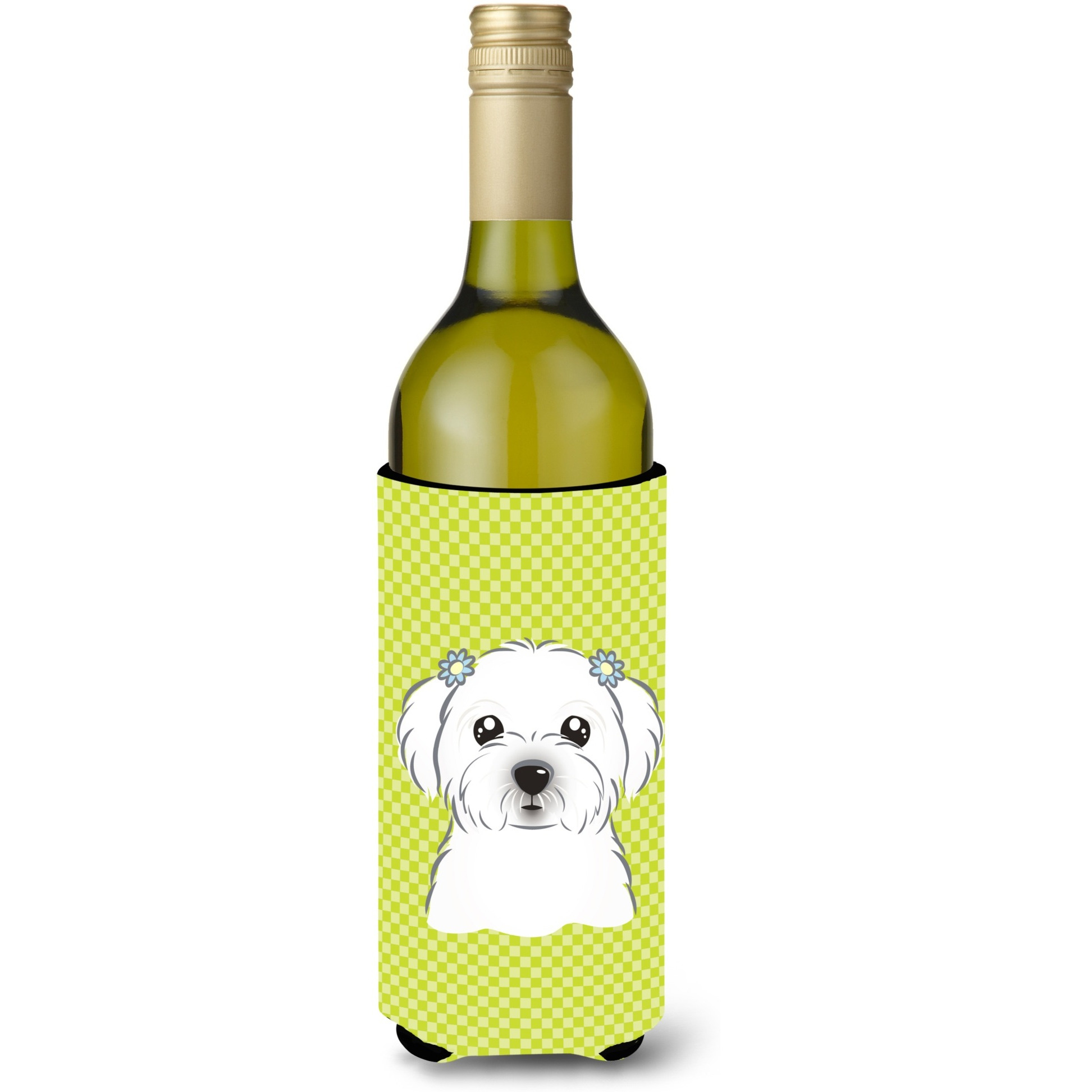 Checkerboard Lime Green Maltese Wine Bottle Beverage Insulator Hugger BB1270LITERK