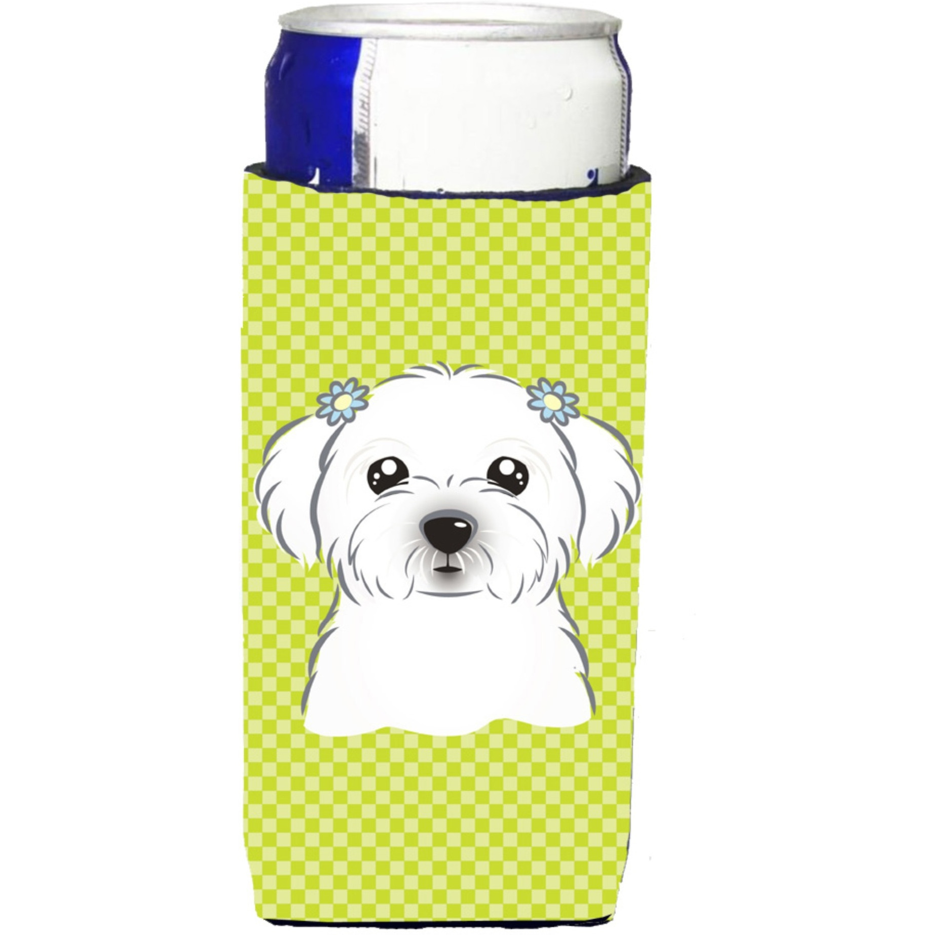 Checkerboard Lime Green Maltese Ultra Beverage Insulators for slim cans BB1270MUK