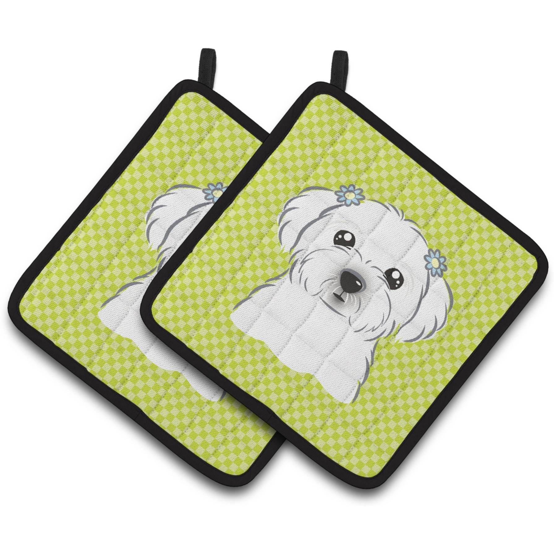 &quotCaroline's Treasures Checkerboard Lime green Maltese Pair of Pot Holders BB1270PTHD, 7.5HX7.5W, Multicolor"