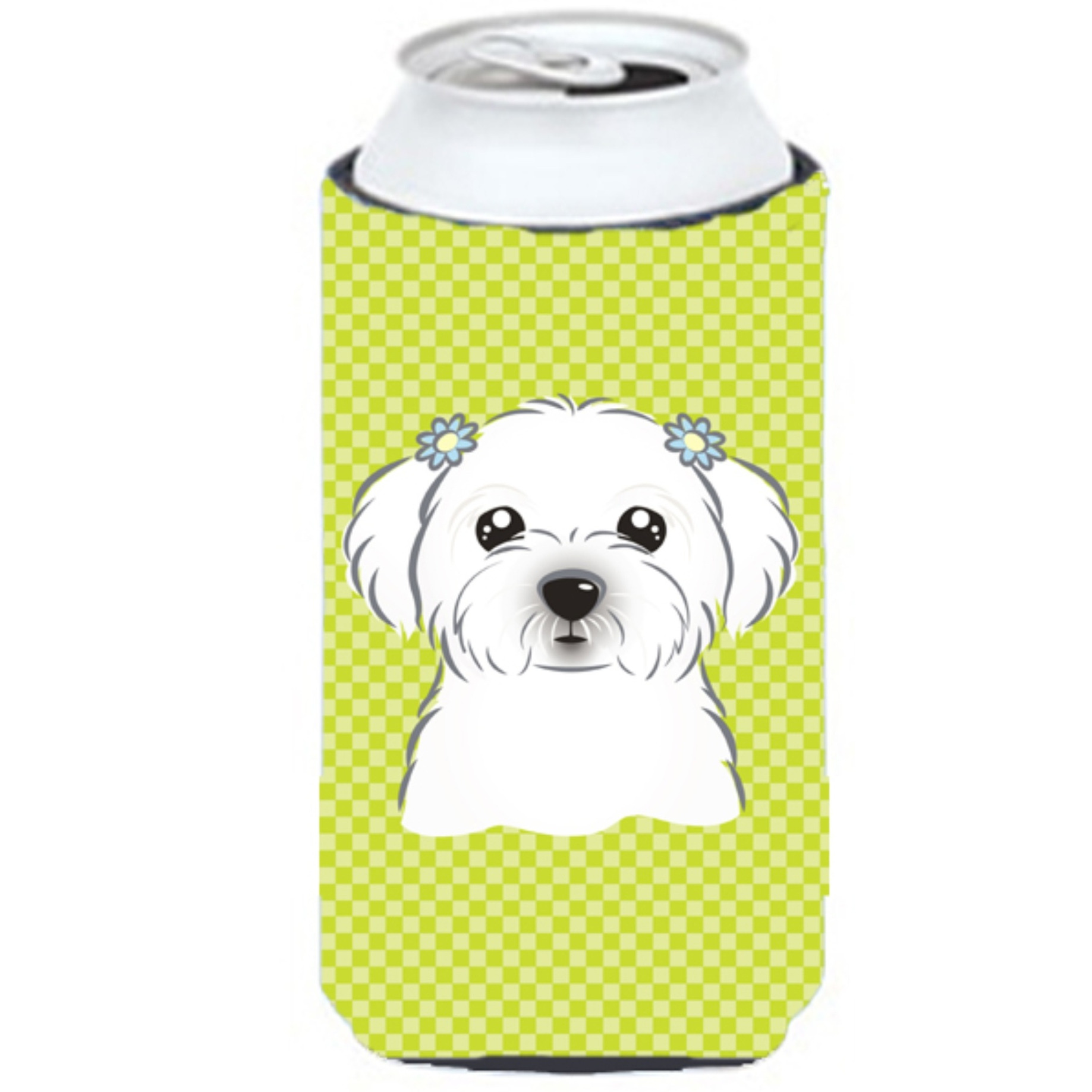 Checkerboard Lime Green Maltese Tall Boy Beverage Insulator Hugger BB1270TBC