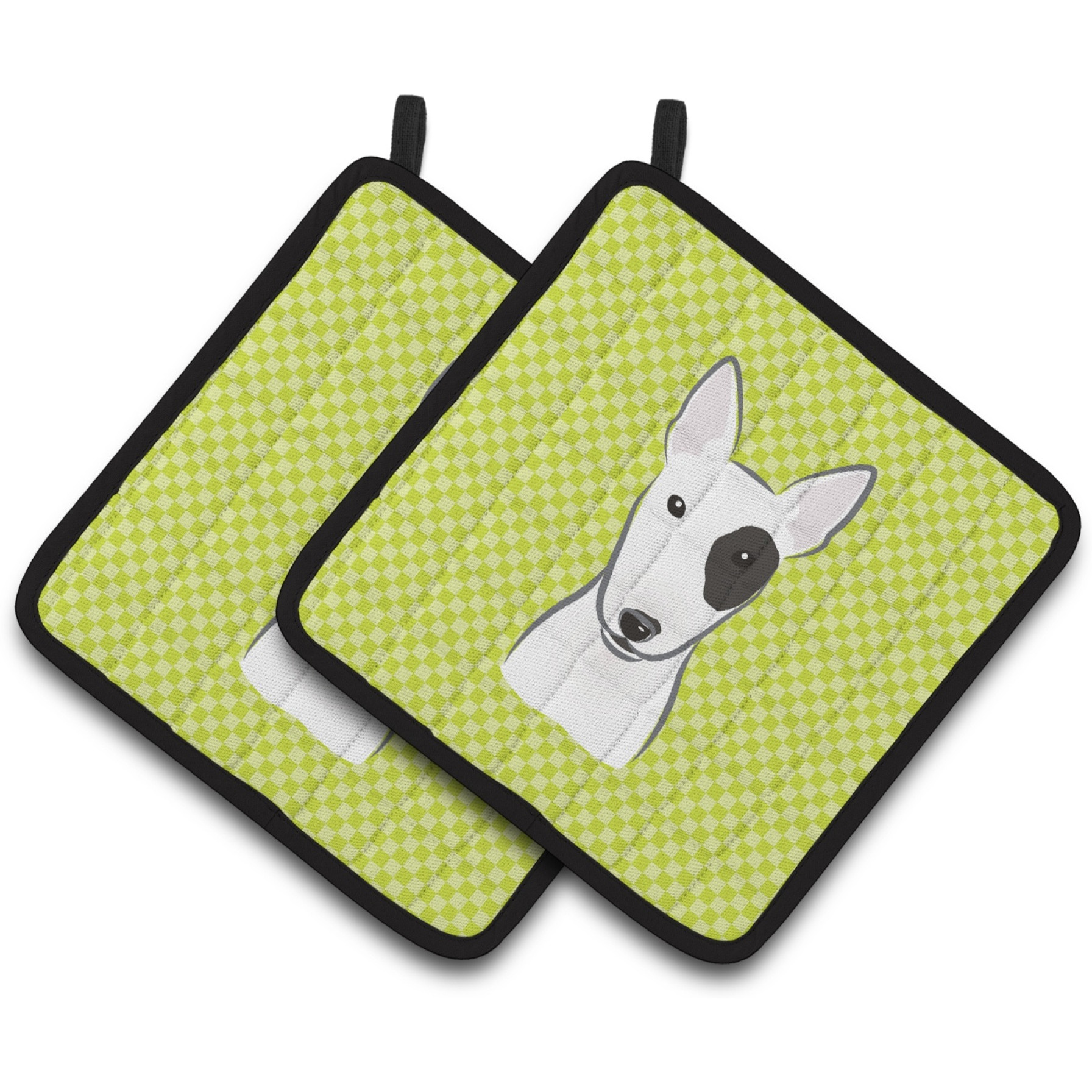 &quotCaroline's Treasures Checkerboard Lime green Bull Terrier Pair of Pot Holders BB1271PTHD, 7.5HX7.5W, Multicolor"
