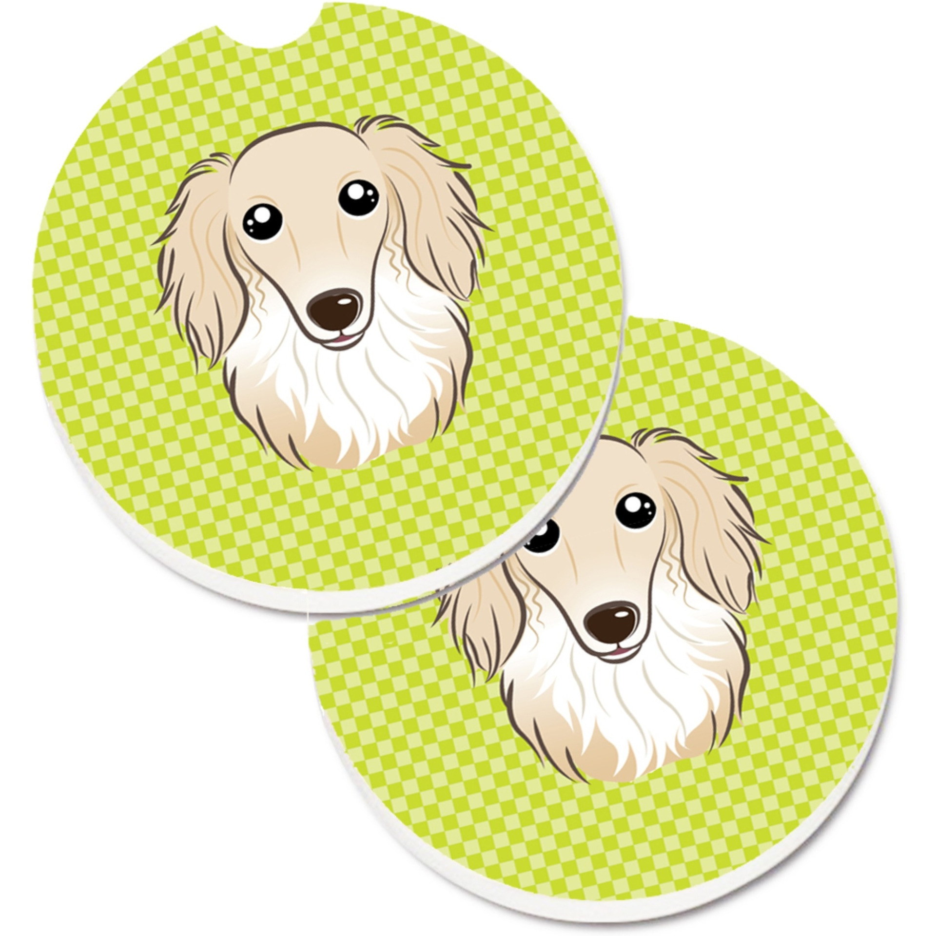 &quotCaroline's Treasures Checkerboard Lime green Longhair Creme Dachshund Set of 2 Cup Holder Car Coasters BB1274CARC, 2.56, Multicolor"