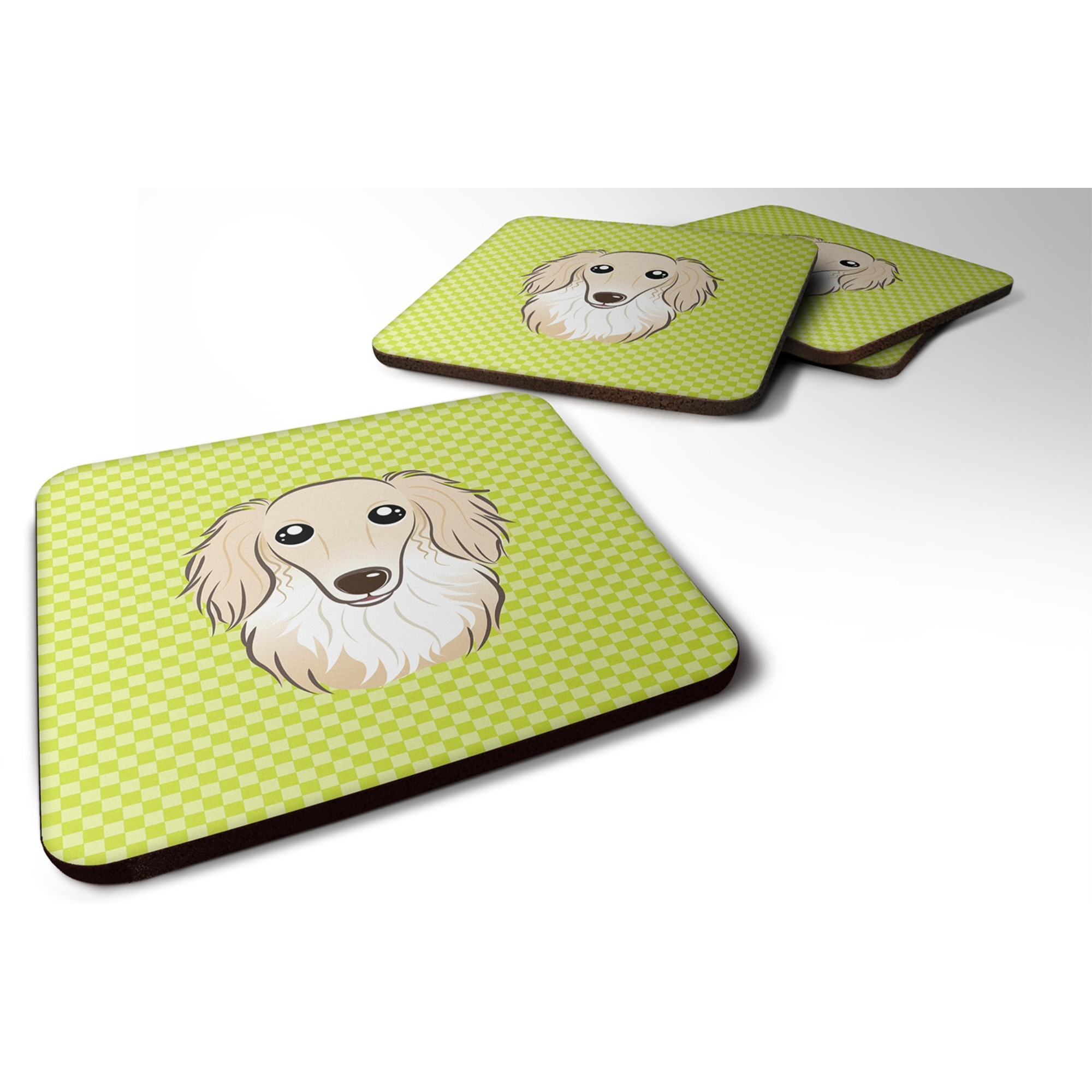 &quotCaroline's Treasures BB1274FC Checkerboard Lime Green Longhair Creme Dachshund Foam Coaster (Set of 4), 3.5"" H x 3.5"" W, Multicolor"