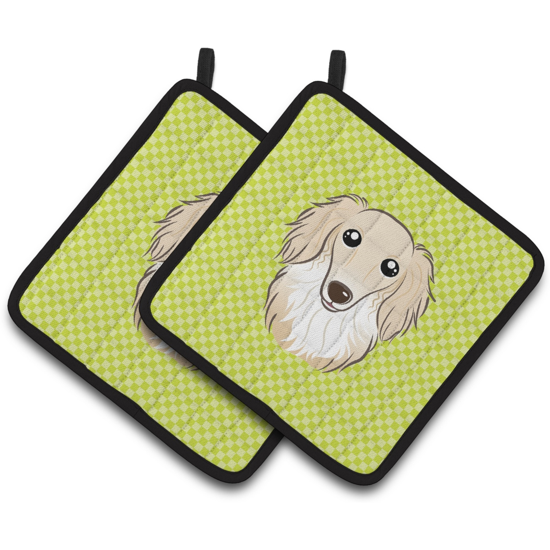 &quotCaroline's Treasures Checkerboard Lime green Longhair Creme Dachshund Pair of Pot Holders BB1274PTHD, 7.5HX7.5W, Multicolor"