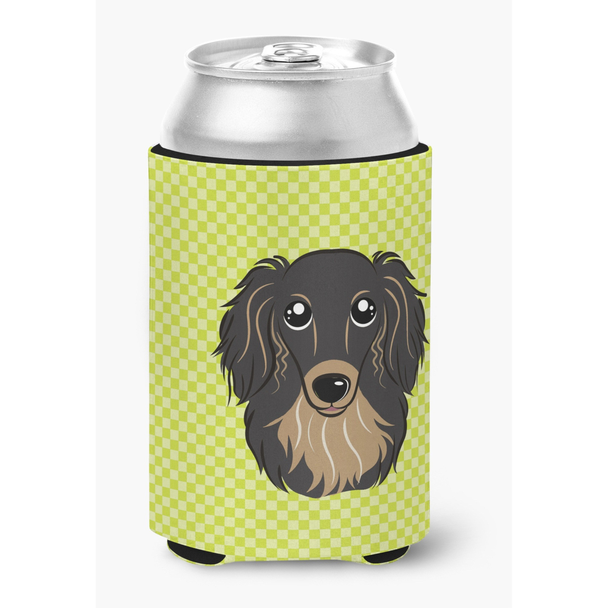 Checkerboard Lime Green Longhair Black and Tan Dachshund Can or Bottle Hugger BB1275CC