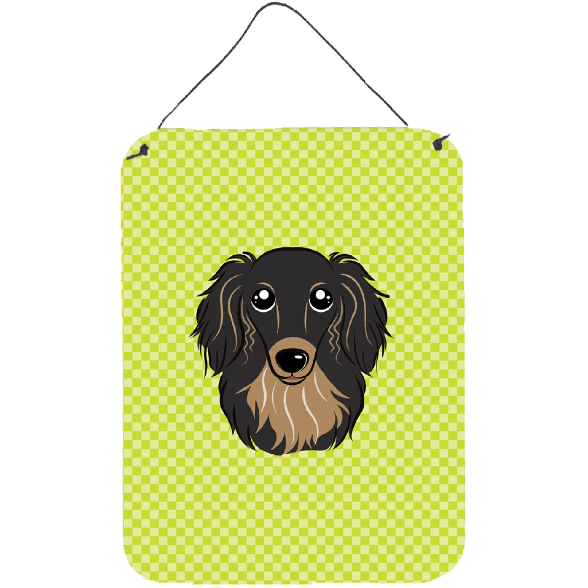 &quotCaroline's Treasures Checkerboard Lime Green Longhair Black Tan Dachshund Wall Door Hanging Prints, 16"" x 12"""