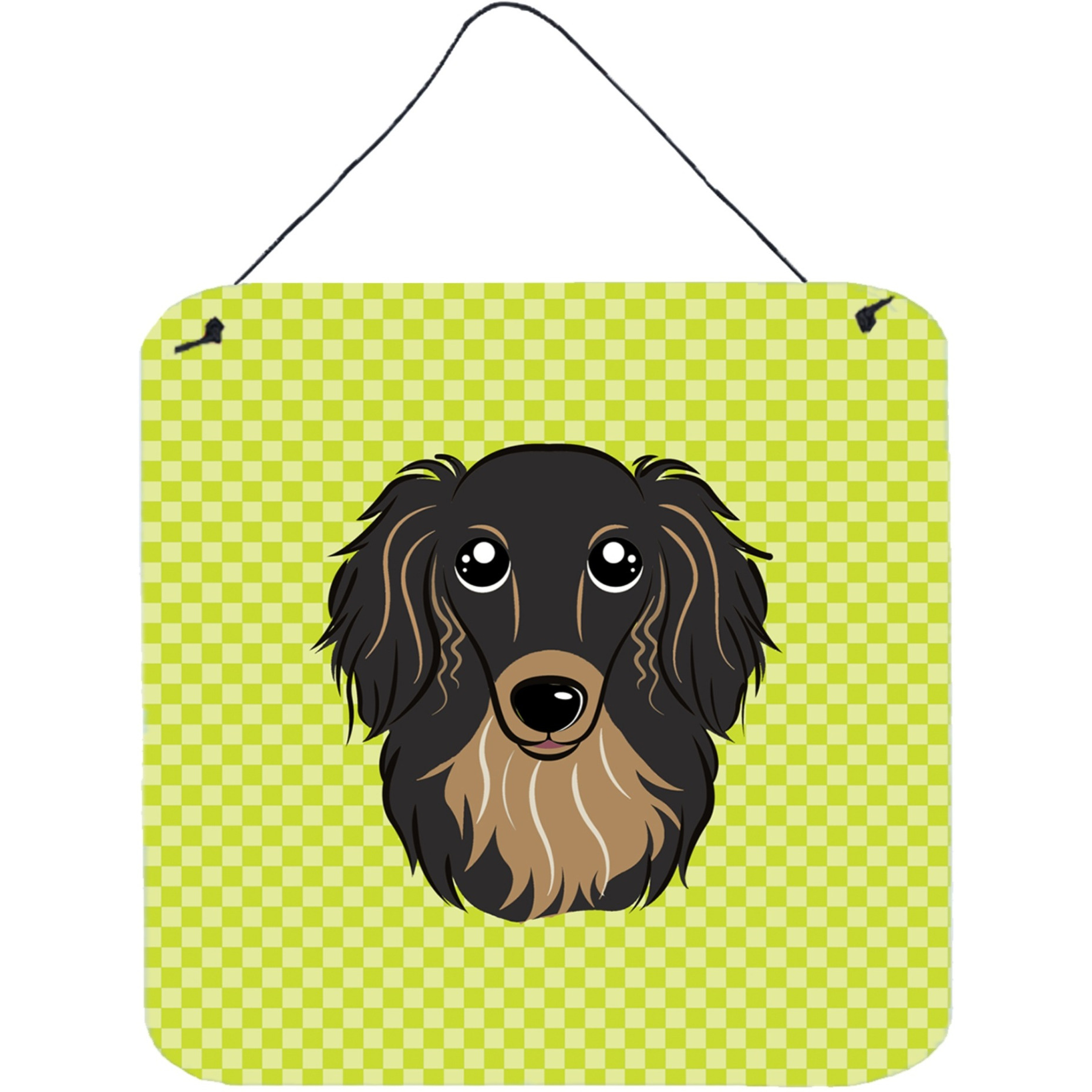 &quotCaroline's Treasures Checkerboard Lime Green Longhair Black and Tan Dachshund Wall or Door Hanging Prints, 6 x 6"""