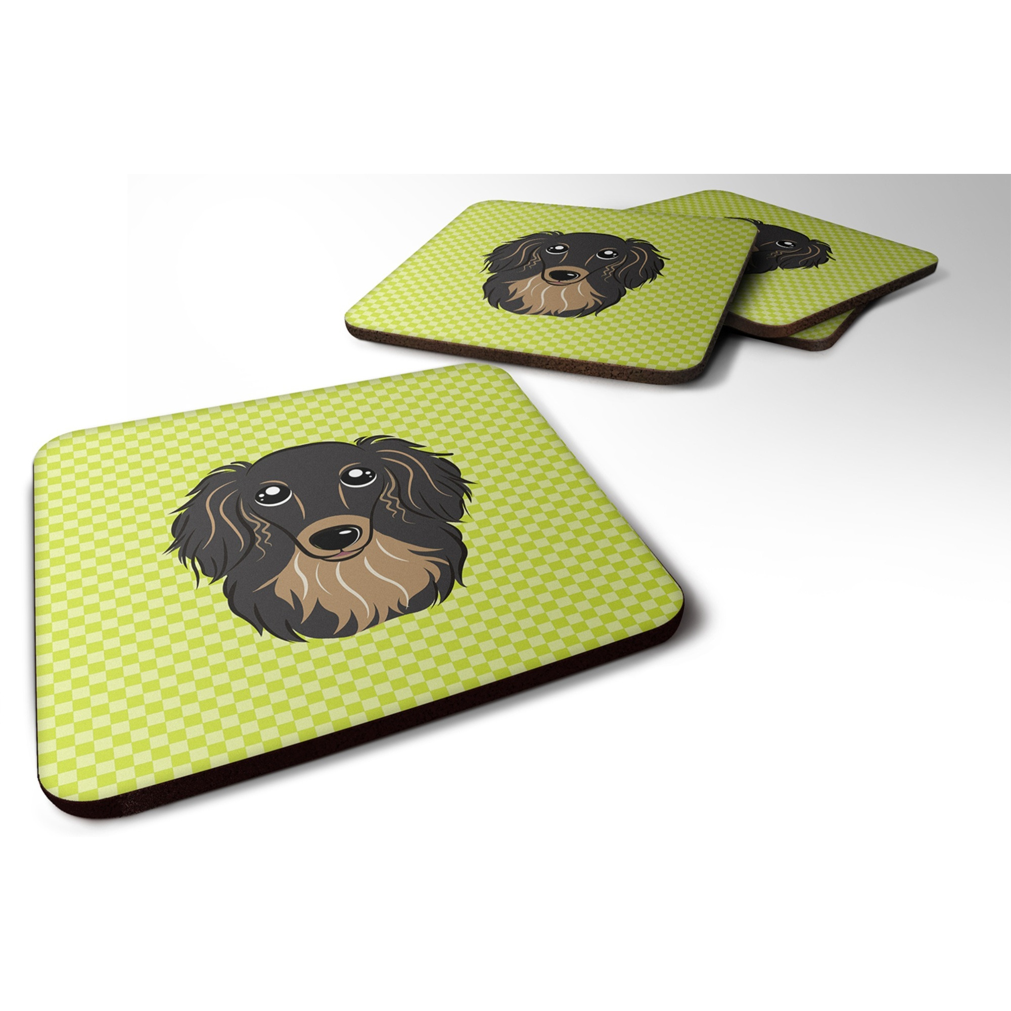 &quotCaroline's Treasures BB1275FC Checkerboard Lime Green Longhair Black and Tan Dachshund Foam Coaster (Set of 4), 3.5"" H x 3.5"" W, Multicolor"