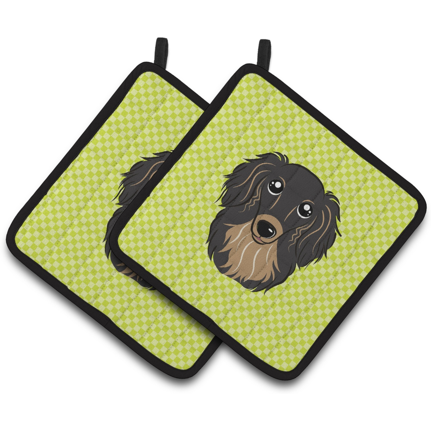 &quotCaroline's Treasures Checkerboard Lime green Longhair black & Tan Dachshund Pair of Pot Holders BB1275PTHD, 7.5HX7.5W, Multicolor"