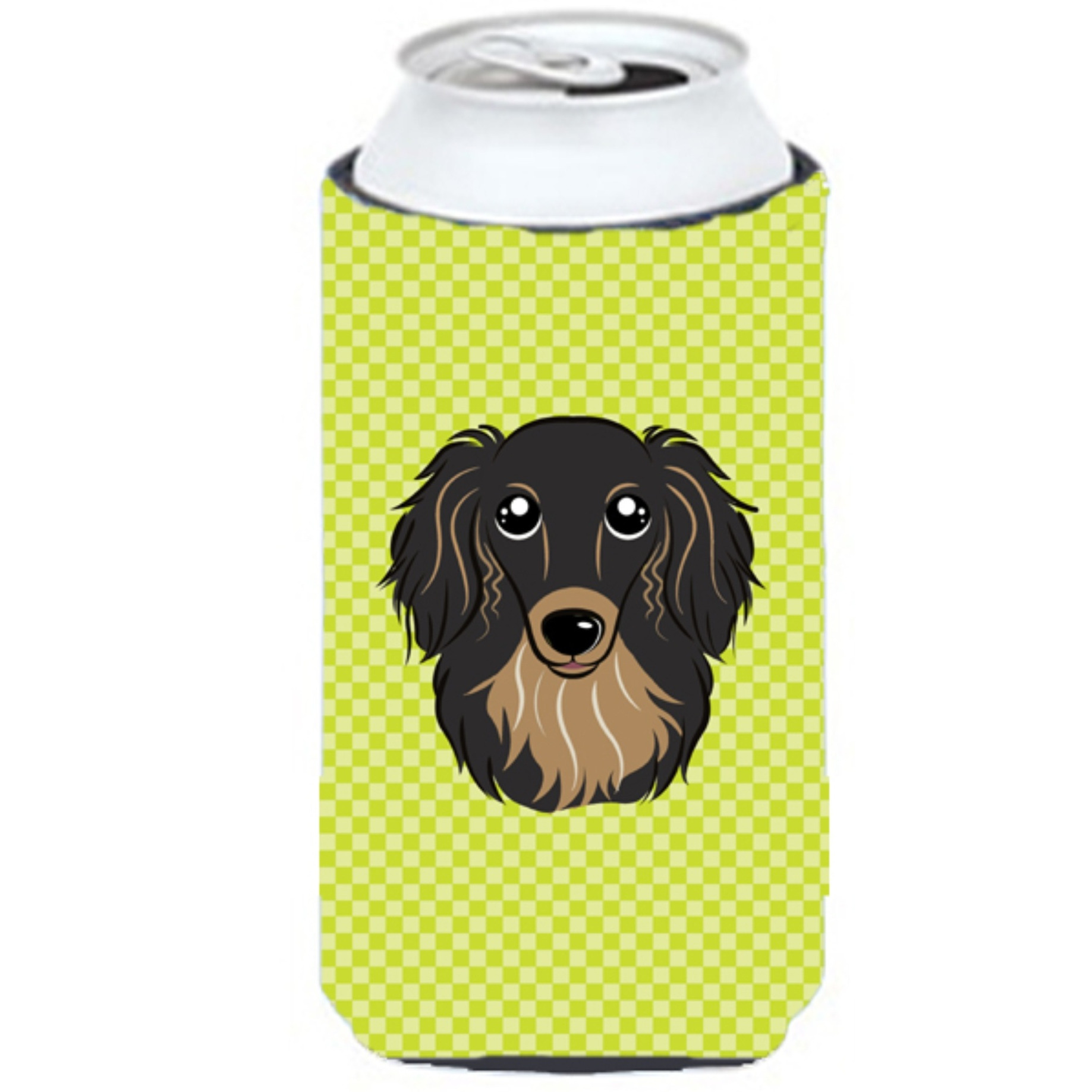 Checkerboard Lime Green Longhair Black and Tan Dachshund Tall Boy Beverage Insulator Hugger