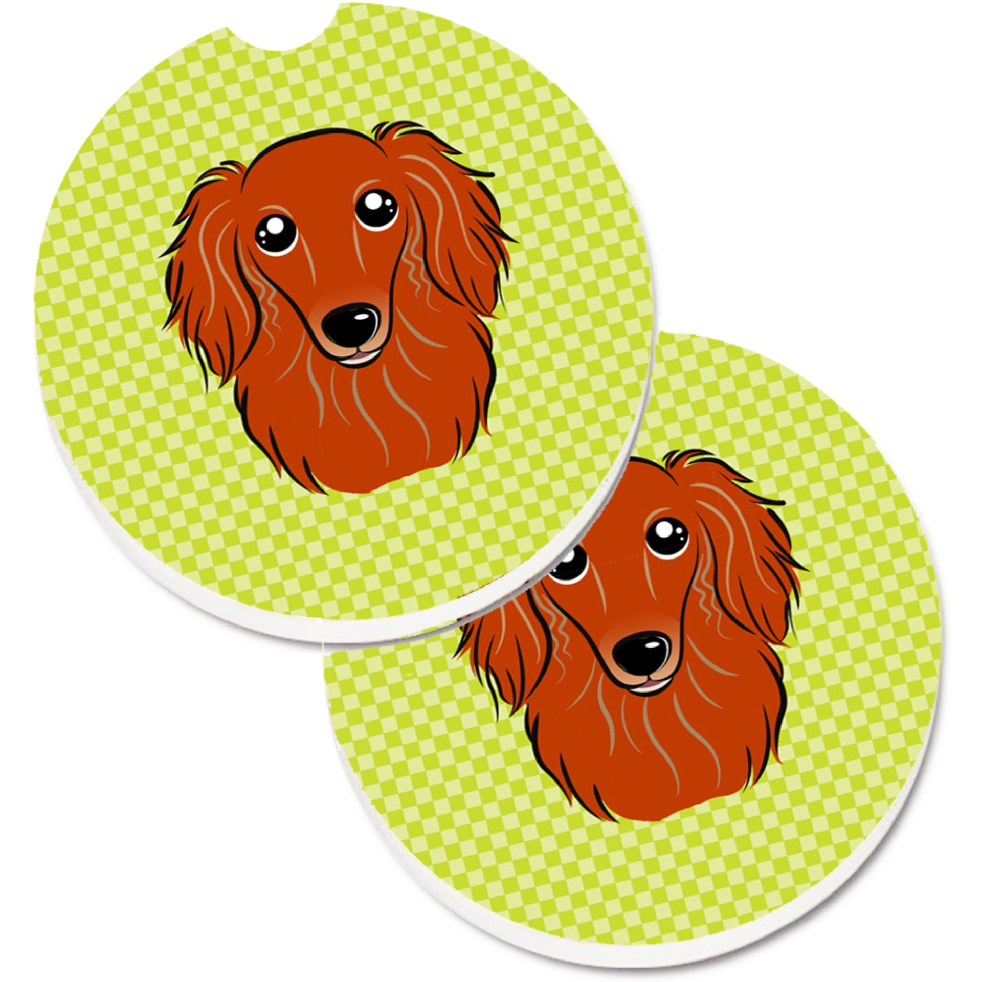&quotCaroline's Treasures Checkerboard Lime green Longhair Red Dachshund Set of 2 Cup Holder Car Coasters BB1276CARC, 2.56, Multicolor"