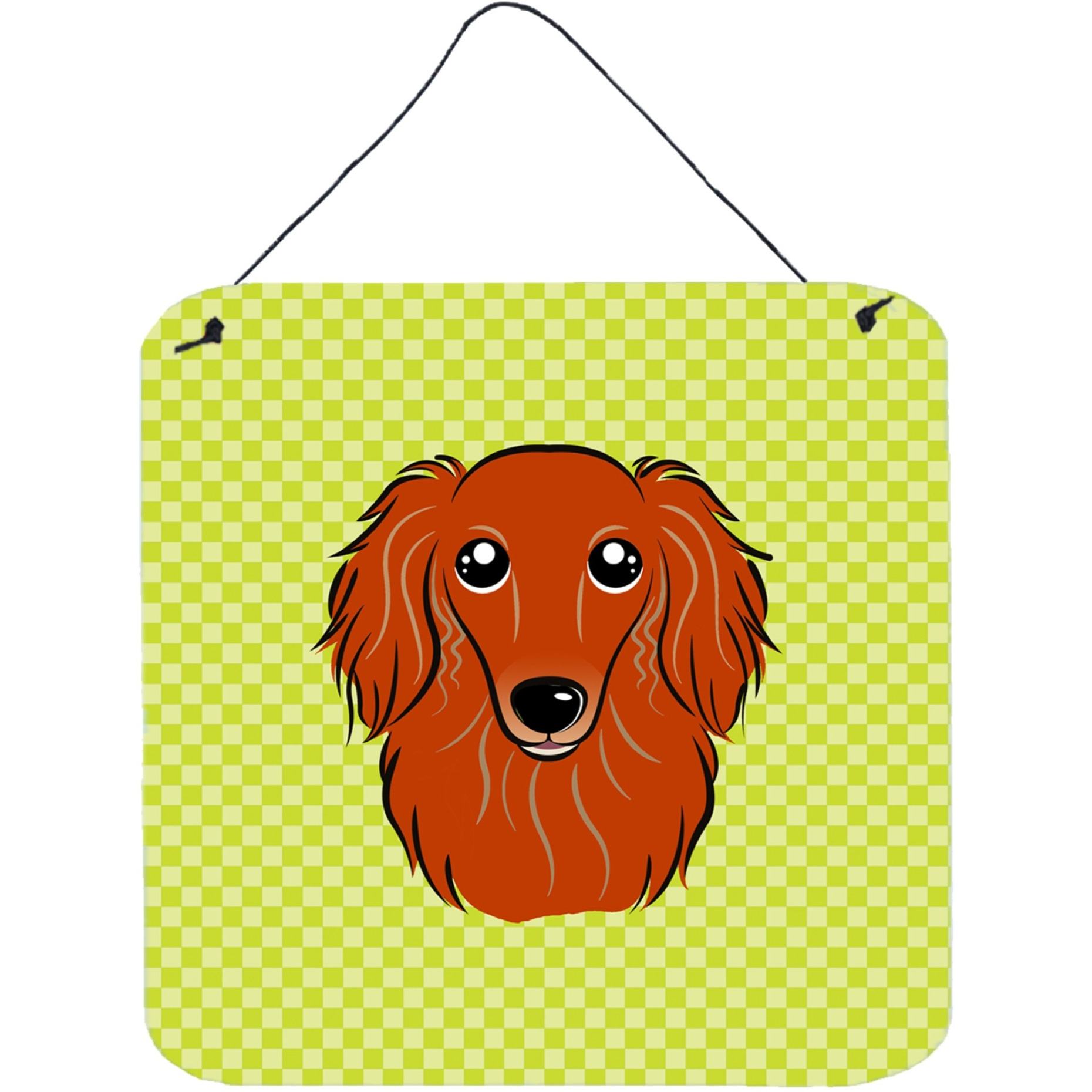 &quotCaroline's Treasures Checkerboard Lime Green Longhair Red Dachshund Wall or Door Hanging Prints, 6 x 6"""