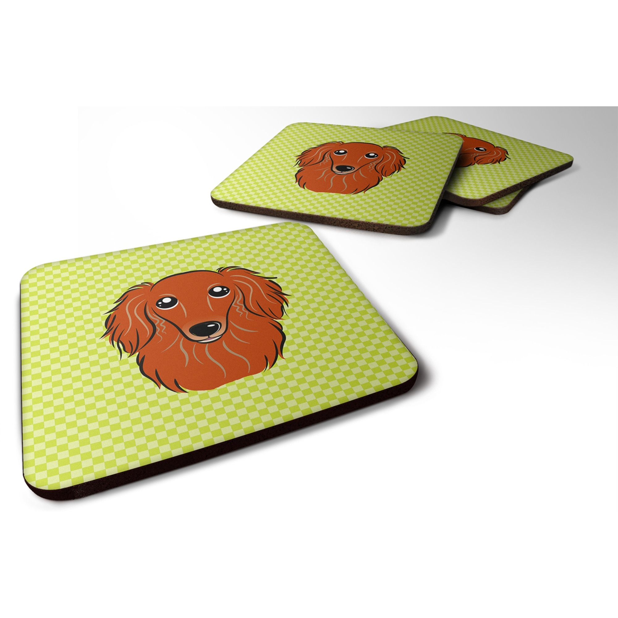 &quotCaroline's Treasures BB1276FC Checkerboard Lime Green Longhair Red Dachshund Foam Coaster (Set of 4), 3.5"" H x 3.5"" W, Multicolor"
