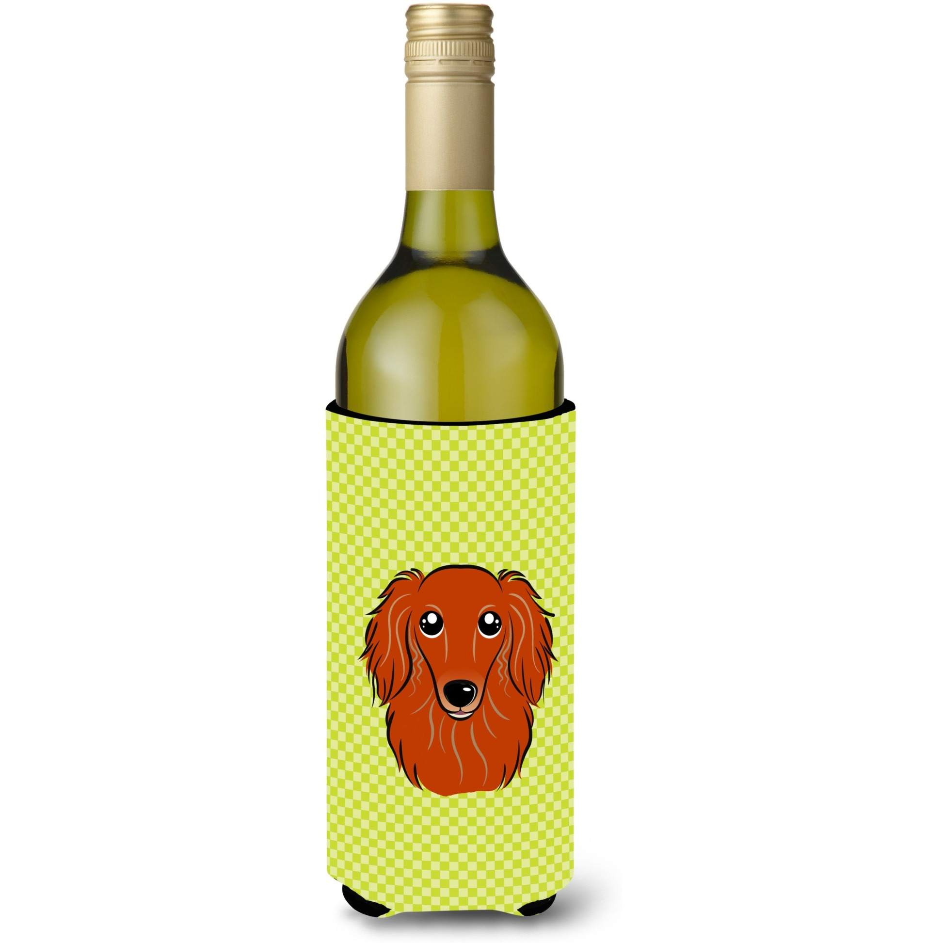 Checkerboard Lime Green Longhair Red Dachshund Wine Bottle Beverage Insulator Hugger