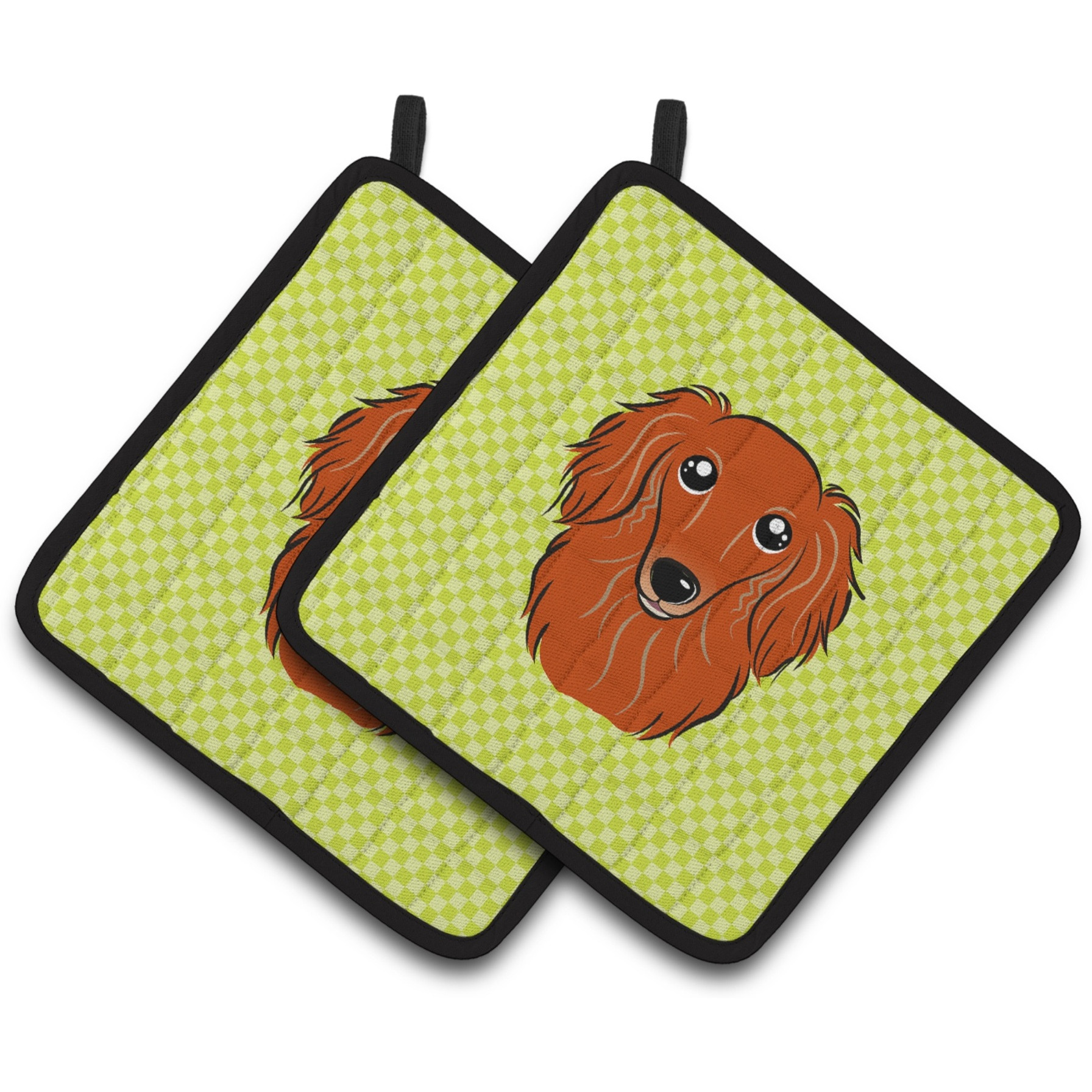 &quotCaroline's Treasures Checkerboard Lime green Longhair Red Dachshund Pair of Pot Holders BB1276PTHD, 7.5HX7.5W, Multicolor"